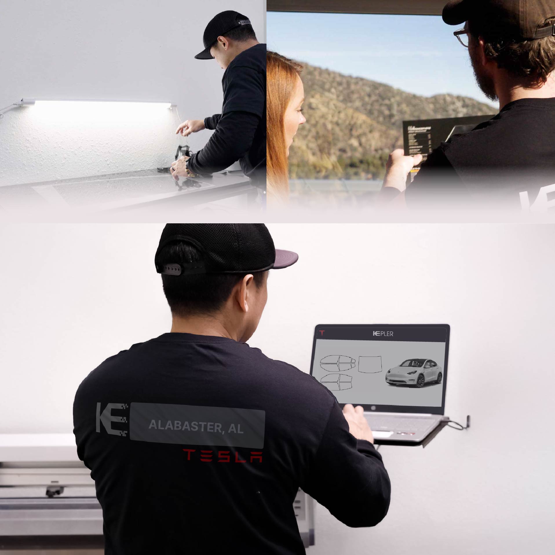 Kepler Technician Applying Advanced Window Tint to Tesla in Alabaster
