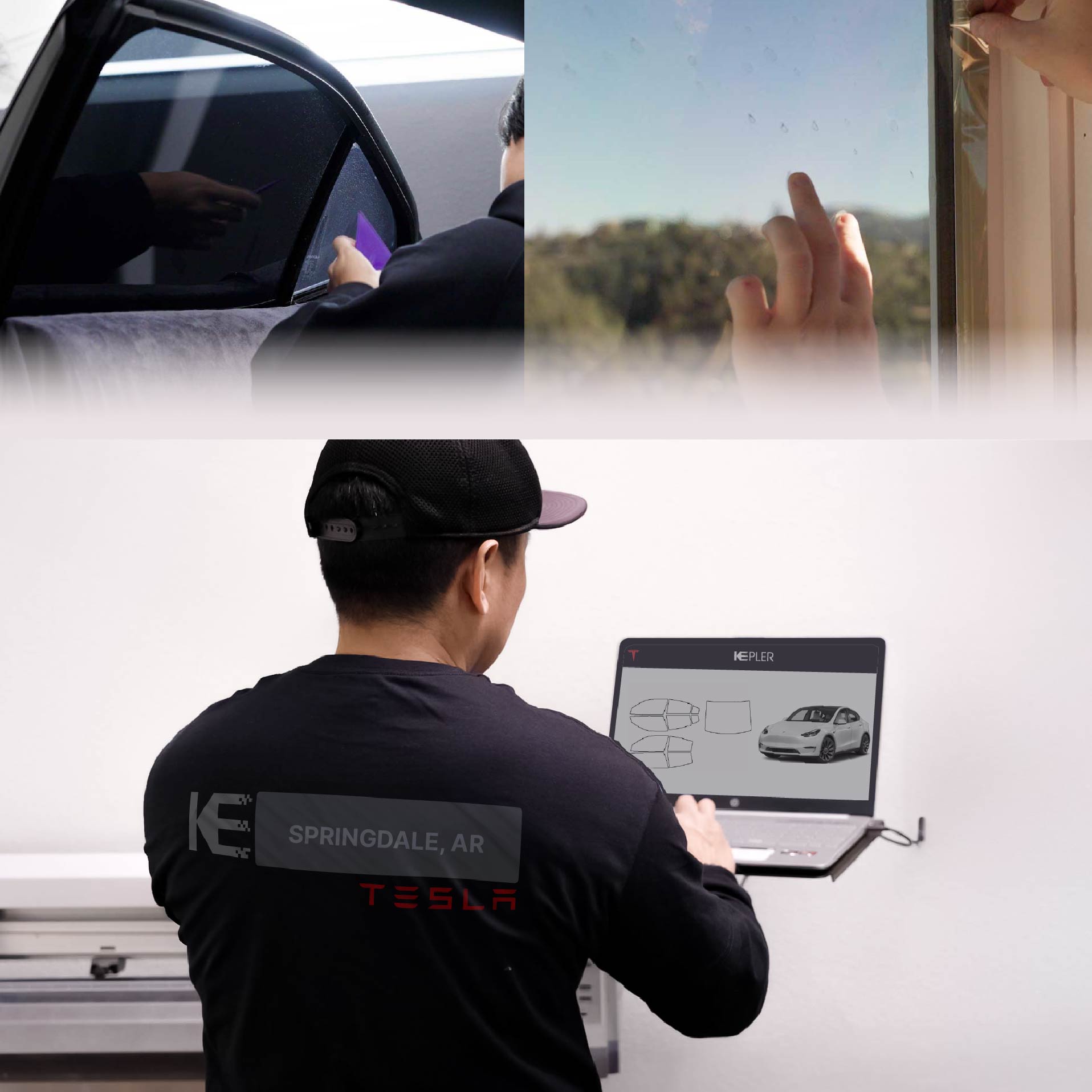 Expert Technician Applying Advanced Window Tint to Tesla in Springdale