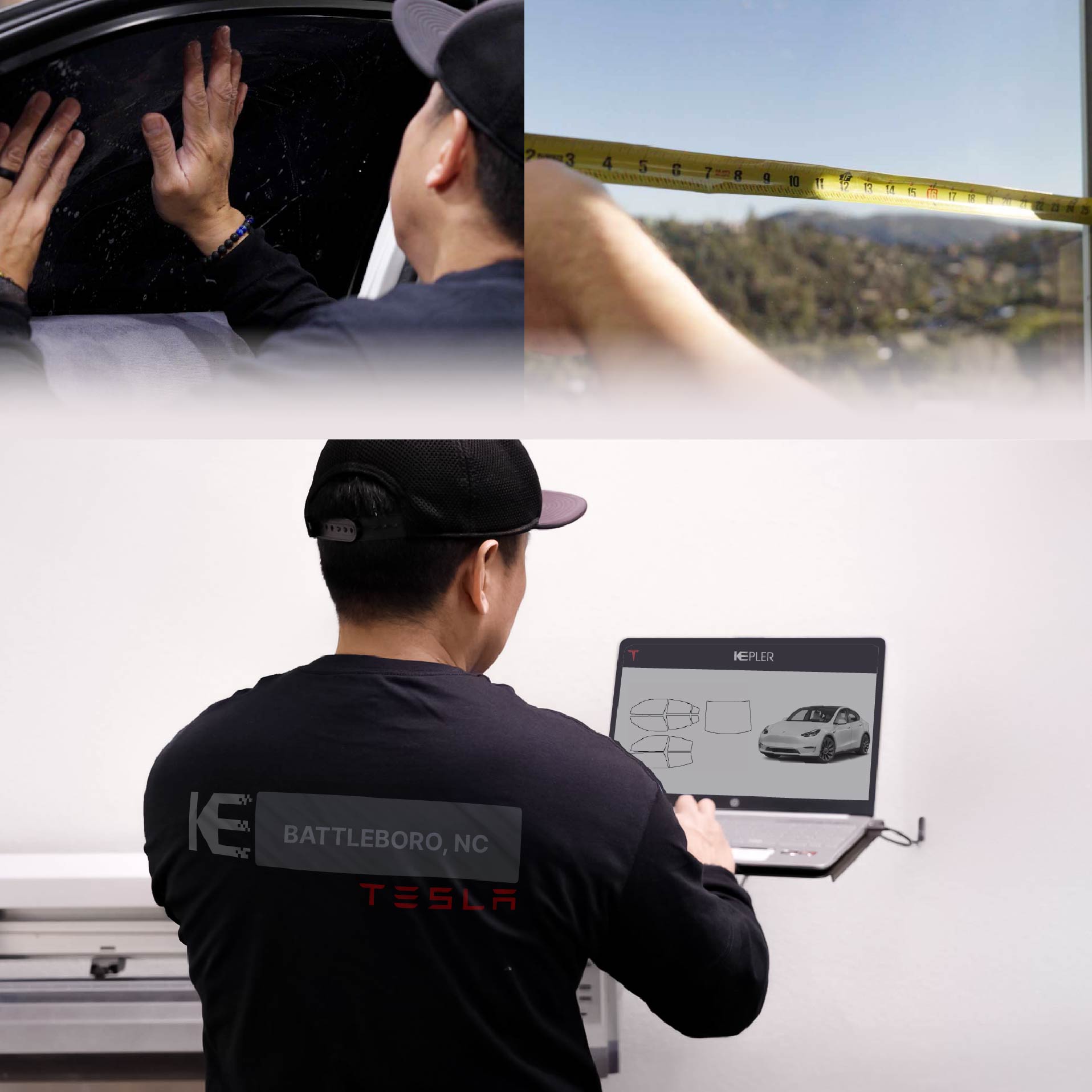 Kepler Technician Installing High-tech Window Tint to Tesla in Battleboro