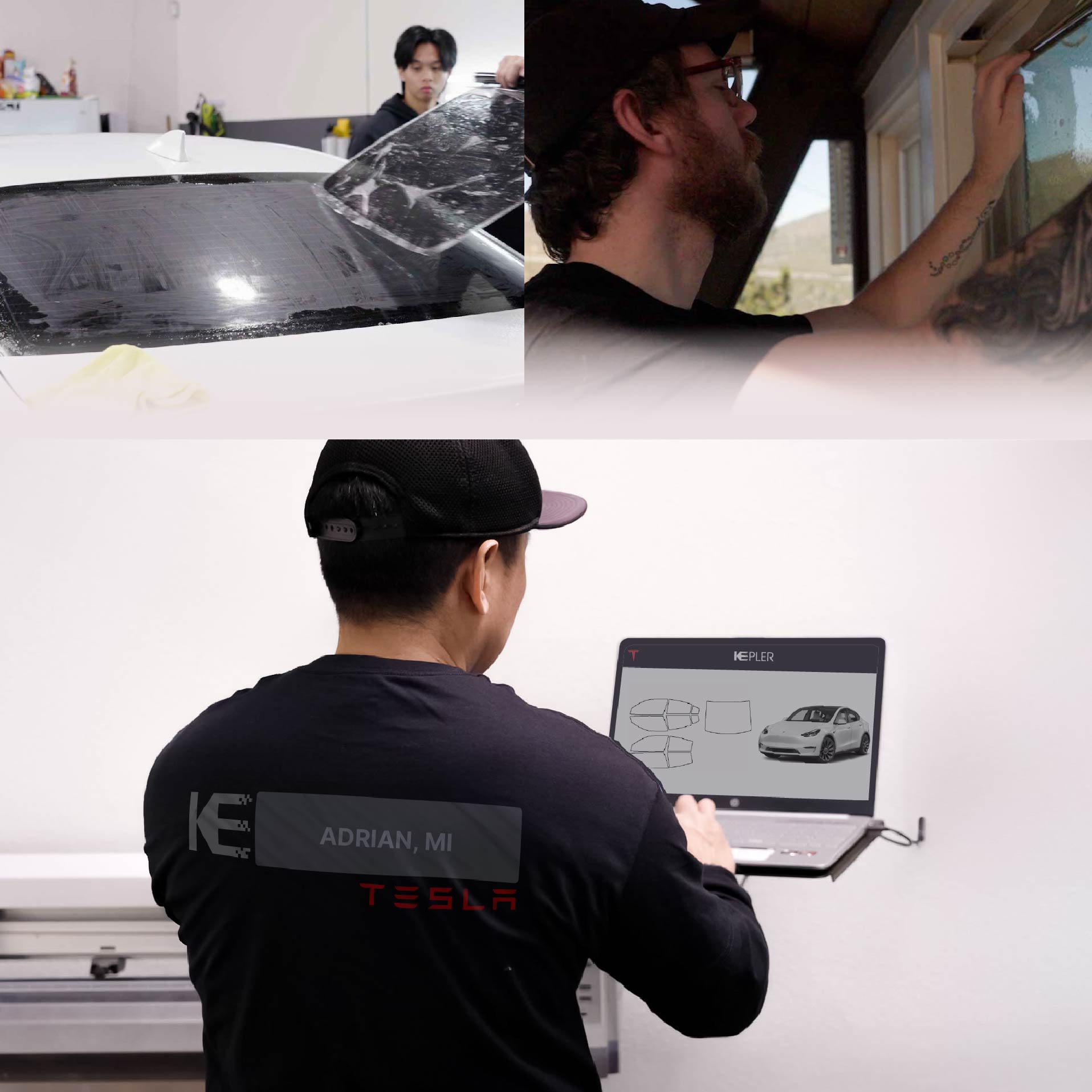 Expert Technician Fitting Ceramic Window Tint to Tesla in Adrian