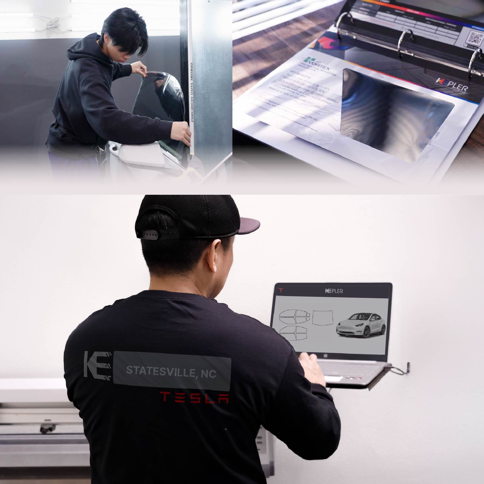 Kepler Technician Fitting Advanced Window Tint to Tesla in Statesville