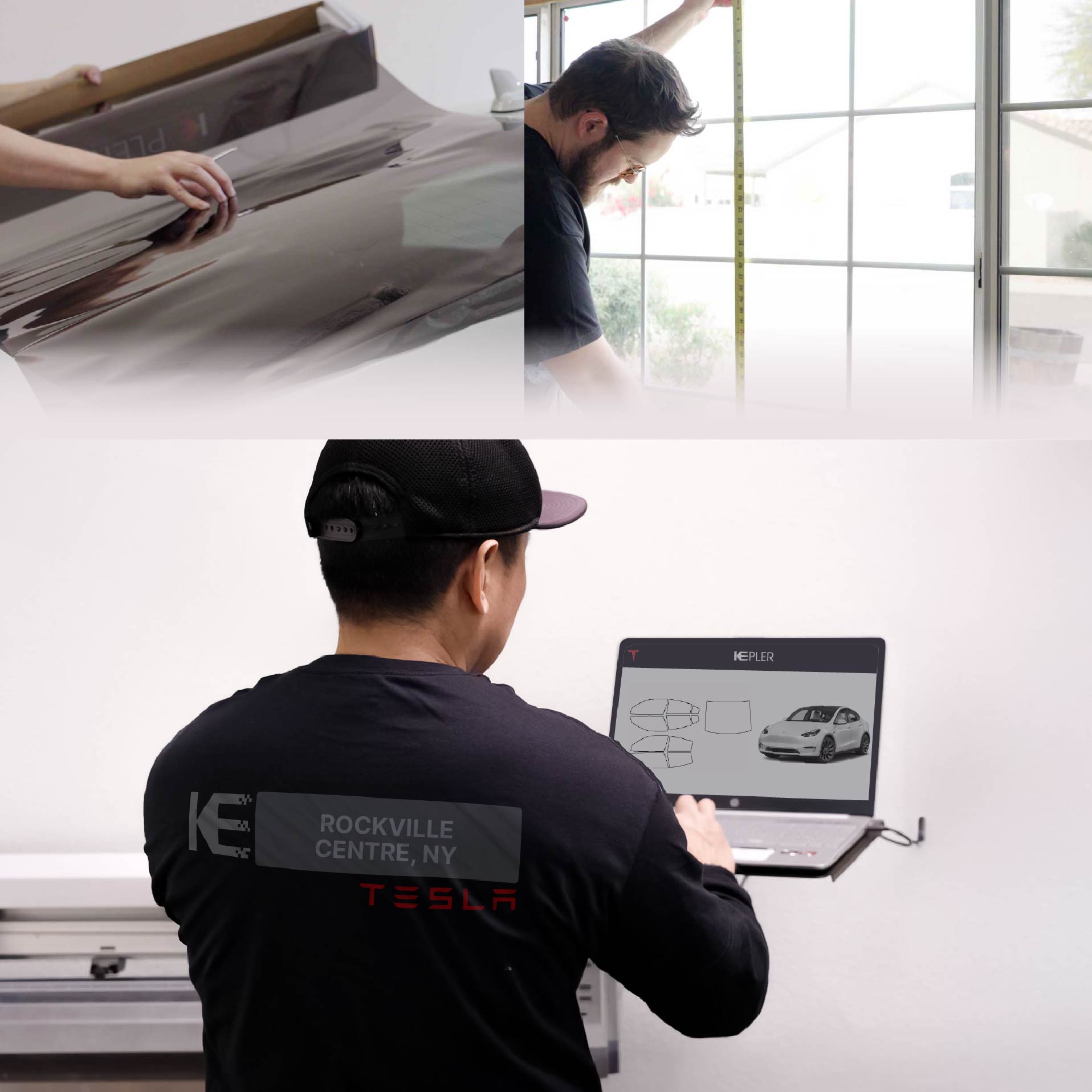 Expert Technician Installing High-tech Window Tint to Tesla in Rockville Centre
