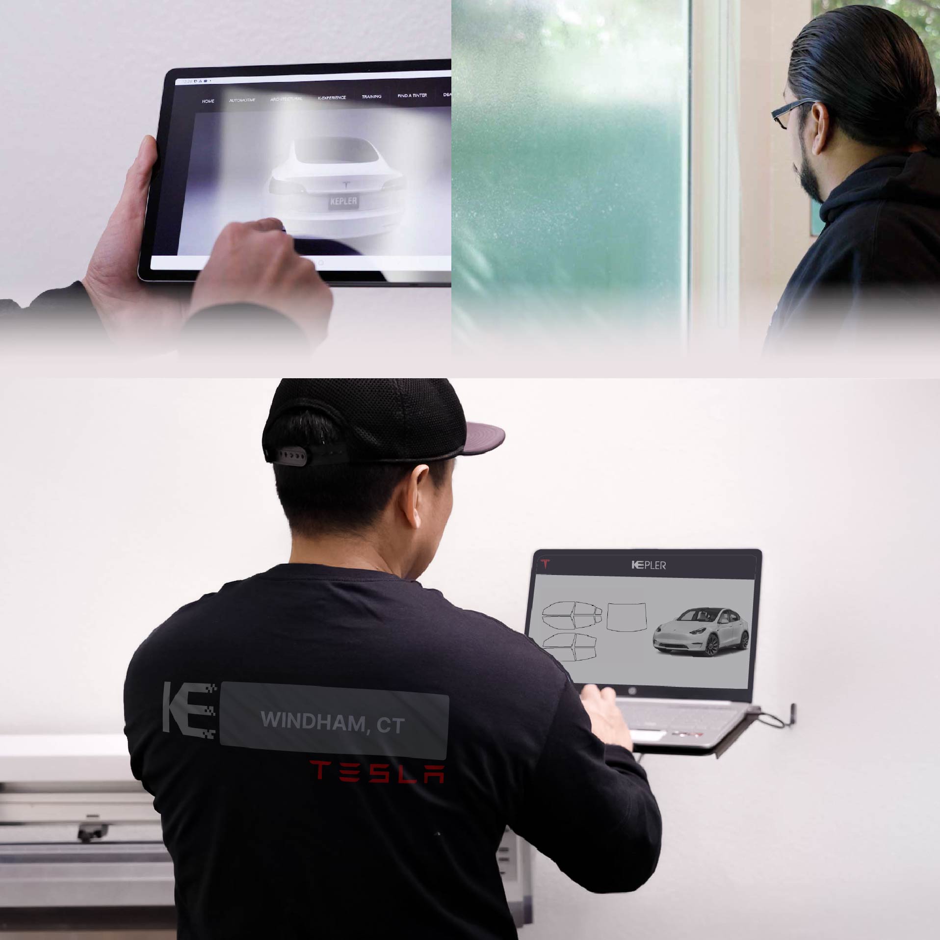 Kepler Technician Installing High-tech Window Tint to Tesla in Windham