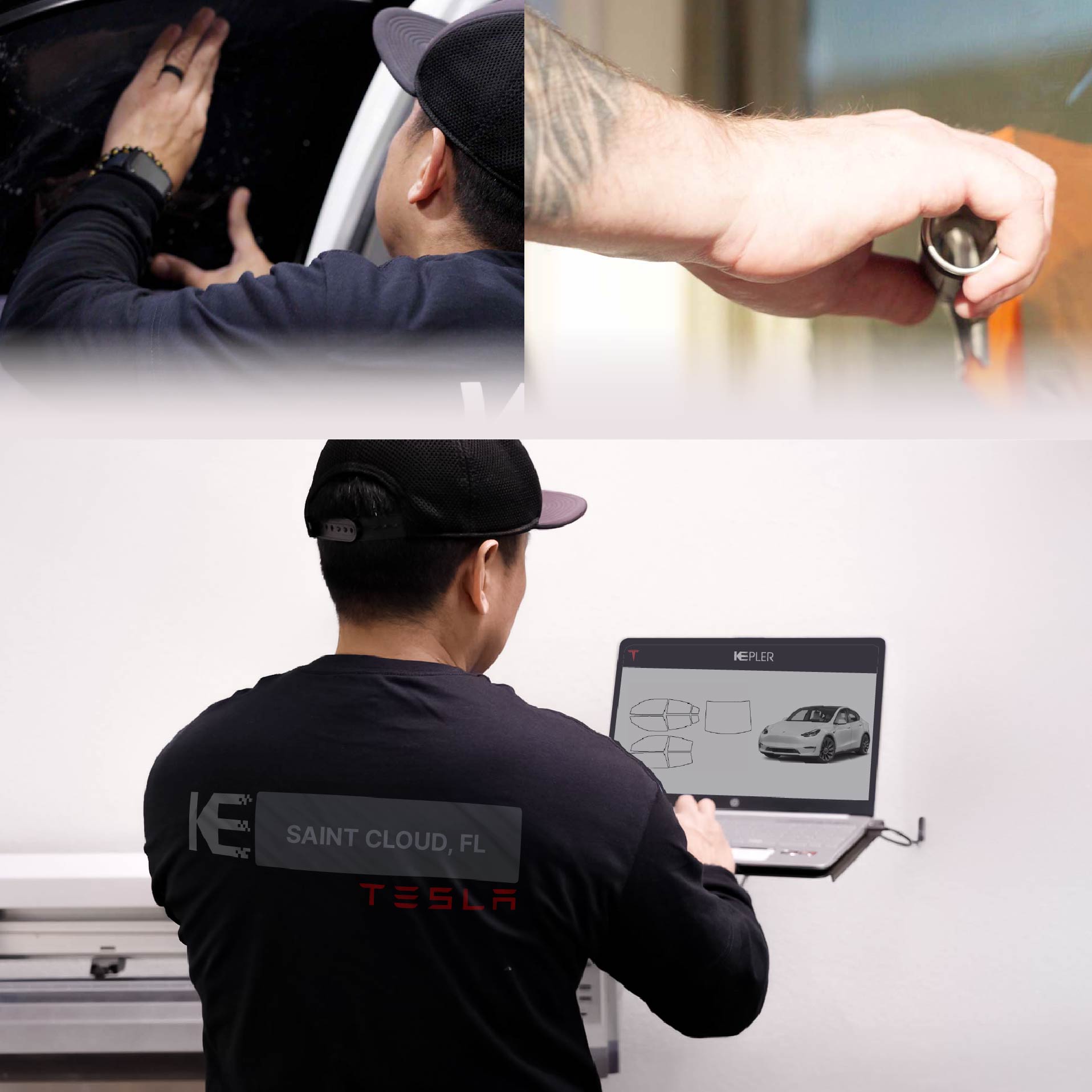 Expert Technician Applying High-tech Window Tint to Tesla in Saint Cloud