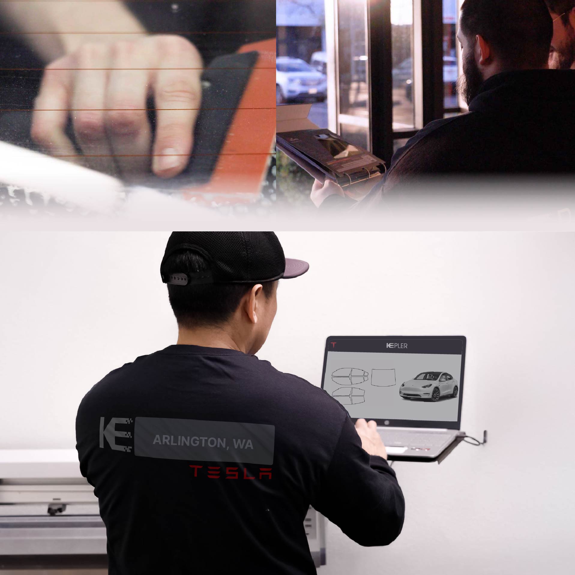 Kepler Technician Fitting Ceramic Window Tint to Tesla in Arlington