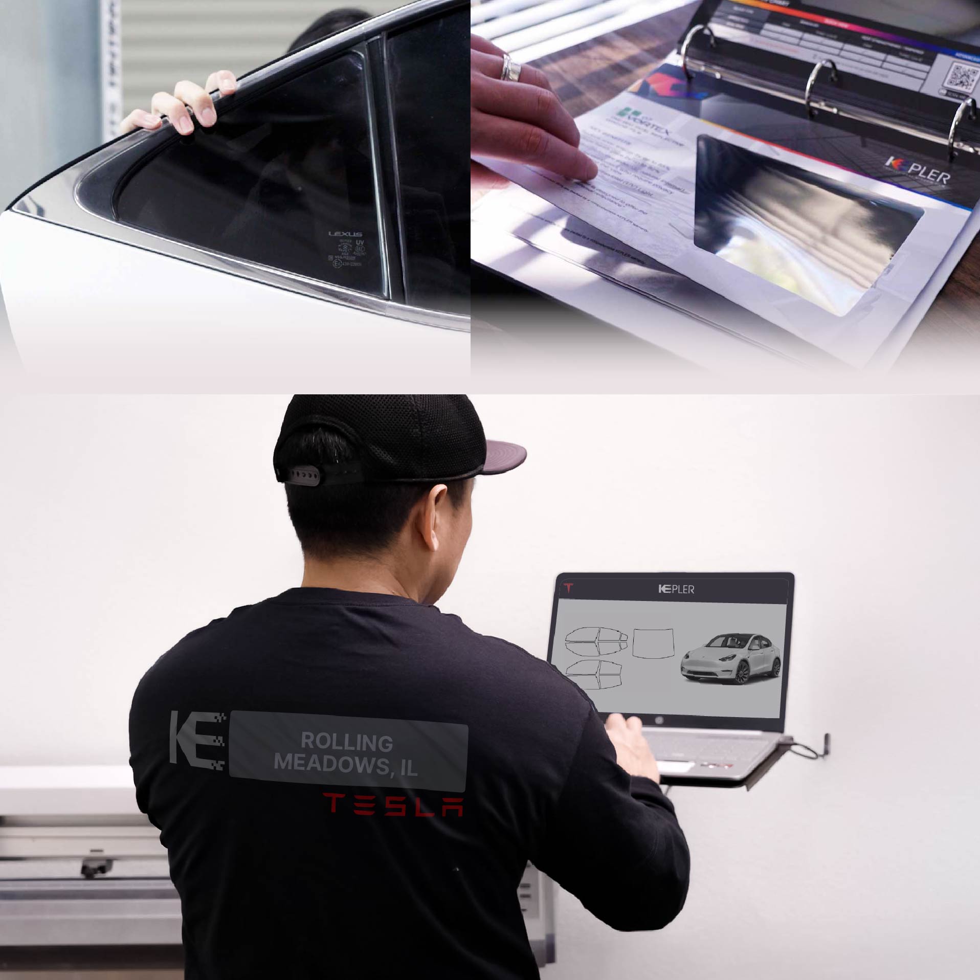Expert Technician Installing Ceramic Window Tint to Tesla in Rolling Meadows
