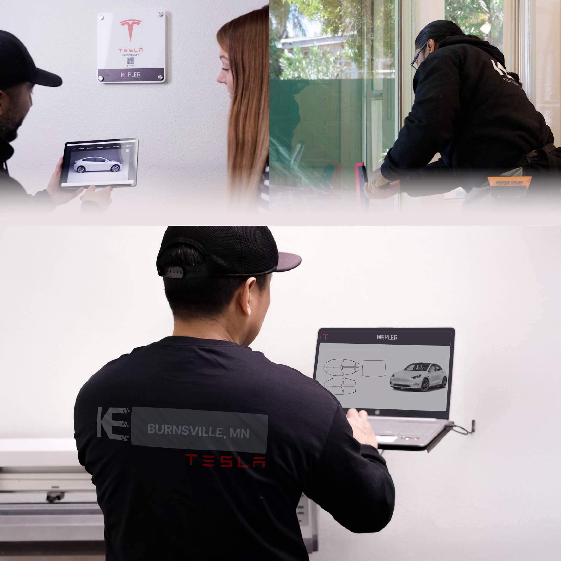Expert Technician Applying Advanced Window Tint to Tesla in Burnsville