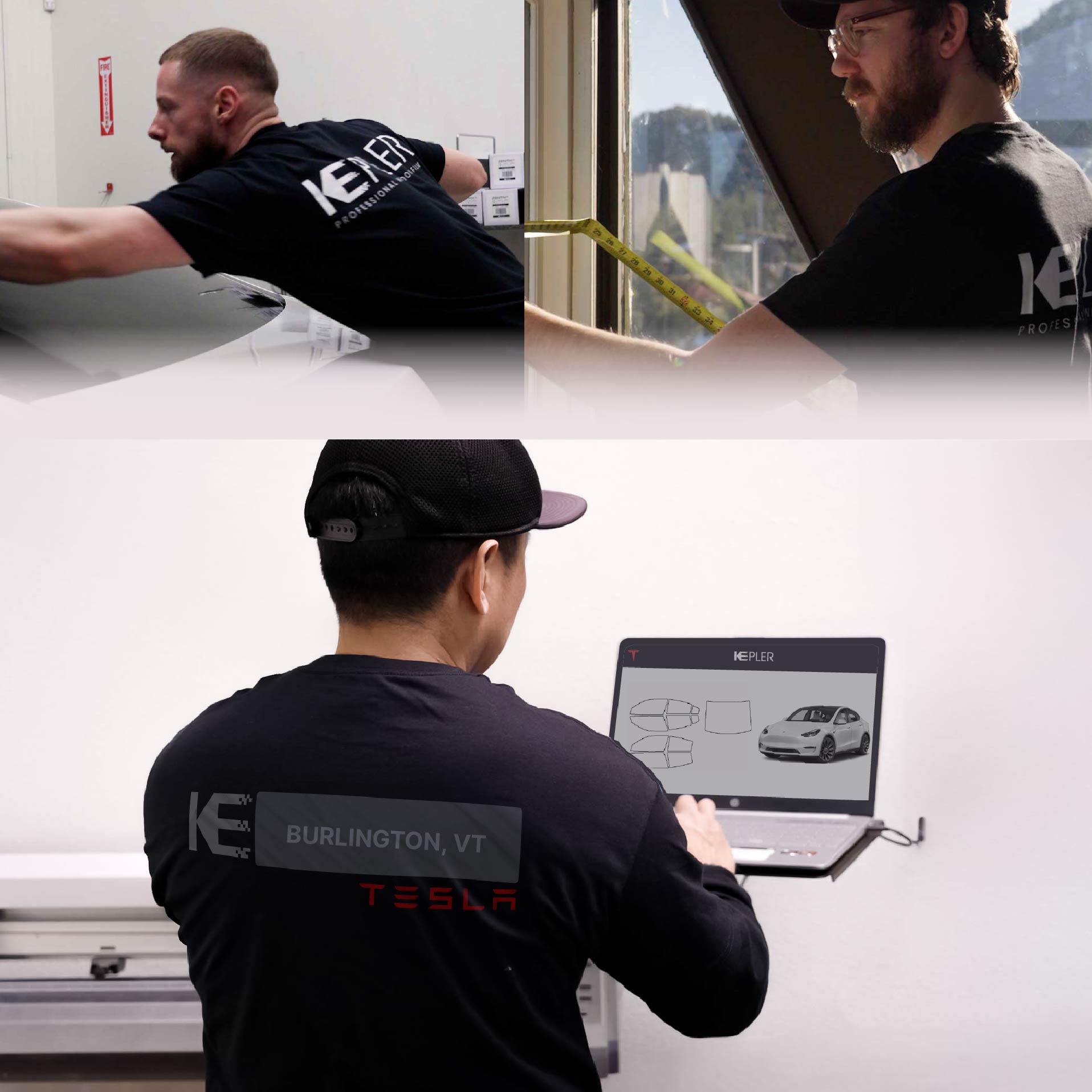 Kepler Technician Installing Ceramic Window Tint to Tesla in Burlington