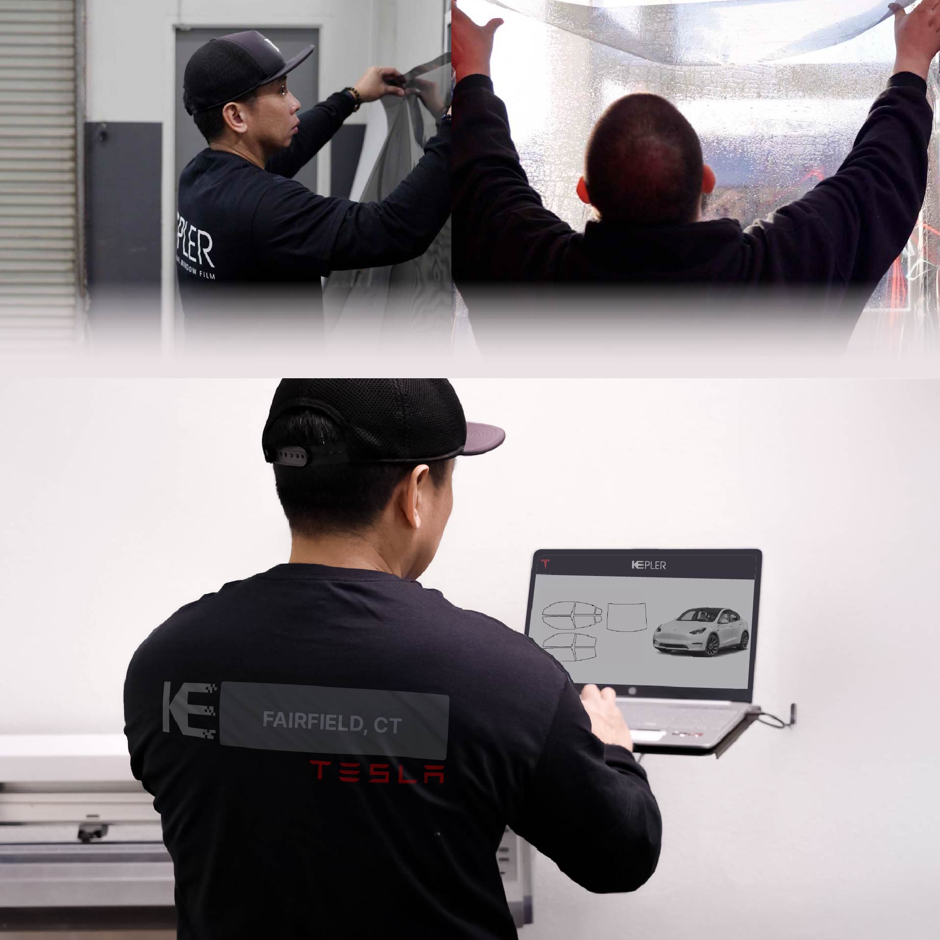 Kepler Technician Applying Ceramic Window Tint to Tesla in Fairfield