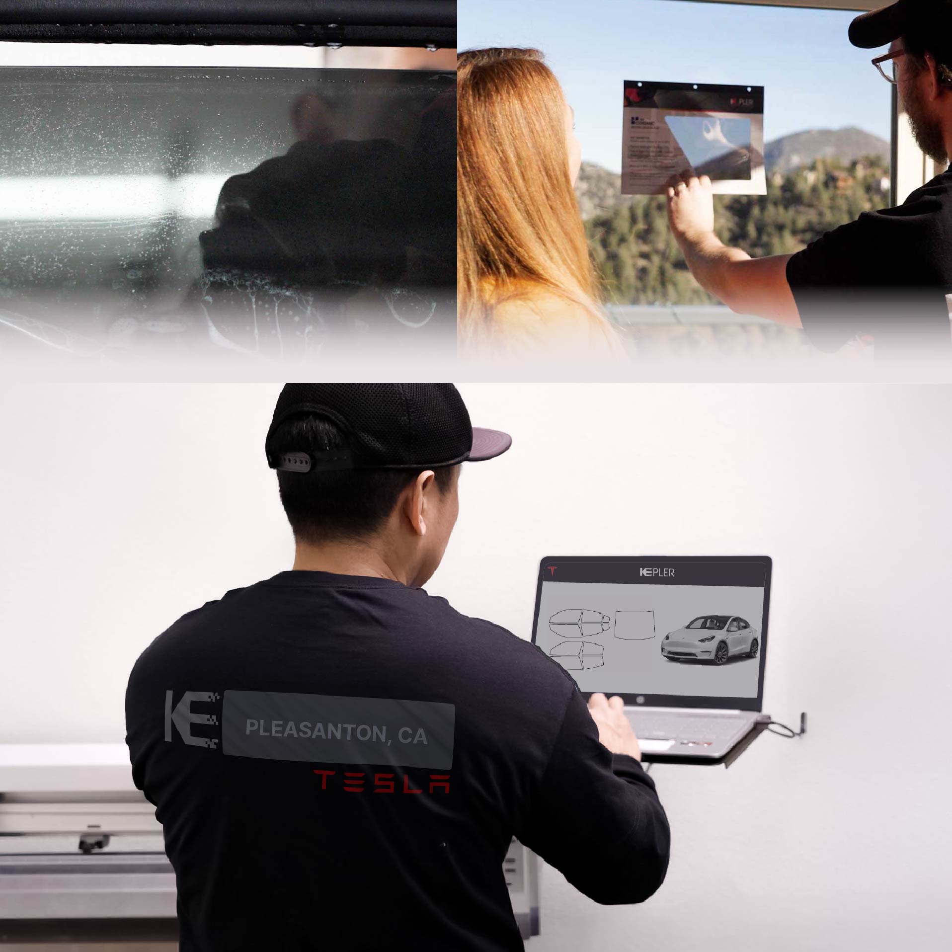 Expert Technician Applying High-tech Window Tint to Tesla in Pleasanton