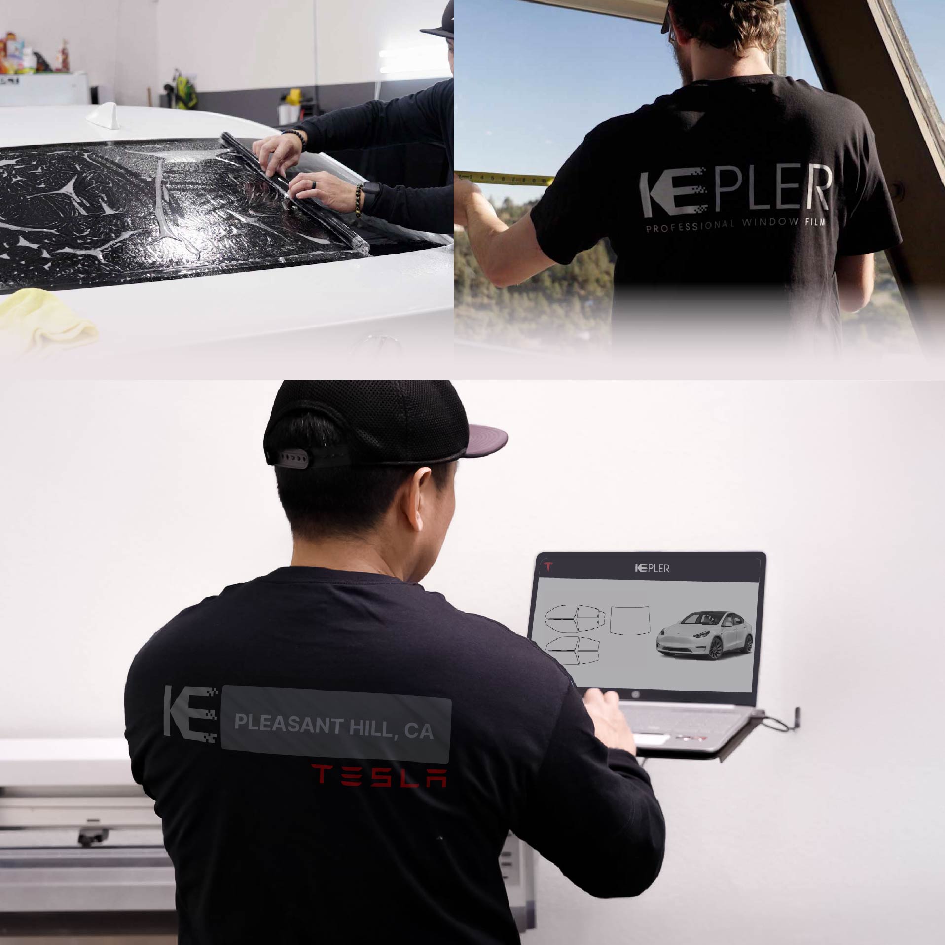 Expert Technician Applying Ceramic Window Tint to Tesla in Pleasant Hill