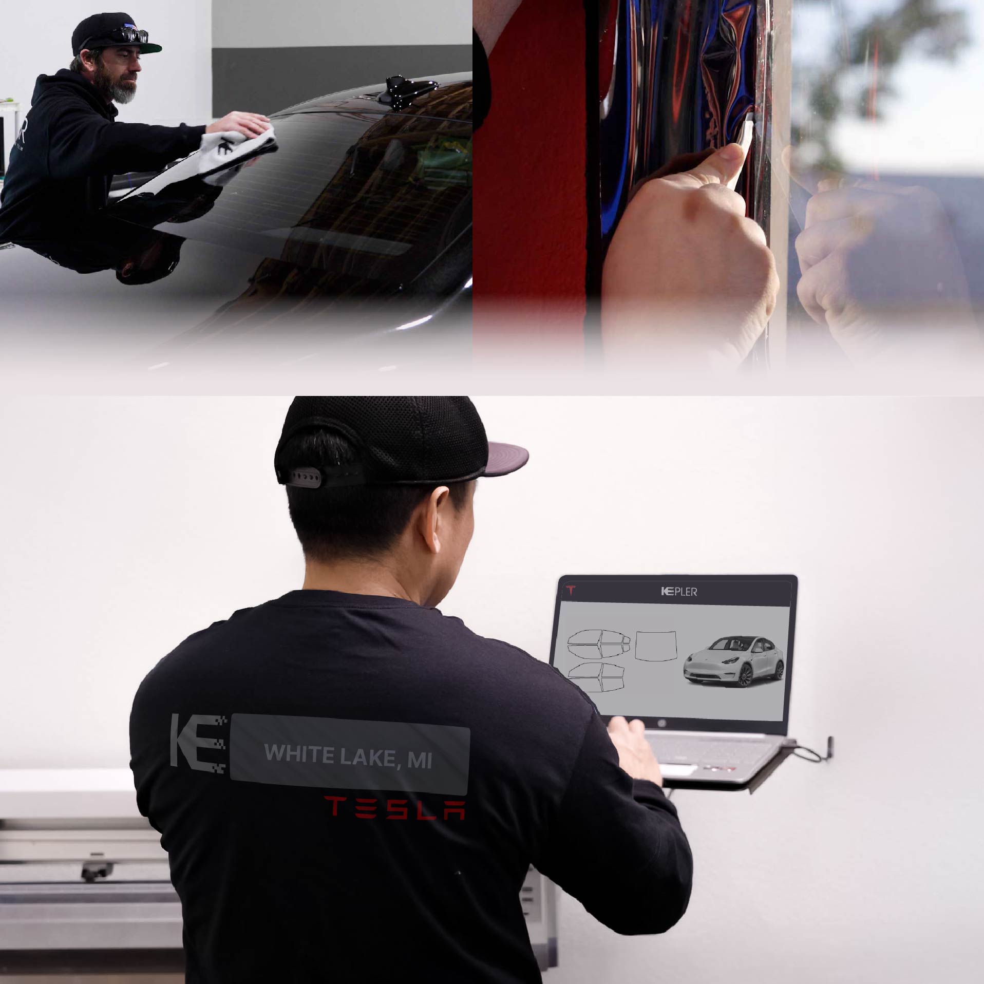 Expert Technician Applying Advanced Window Tint to Tesla in White Lake