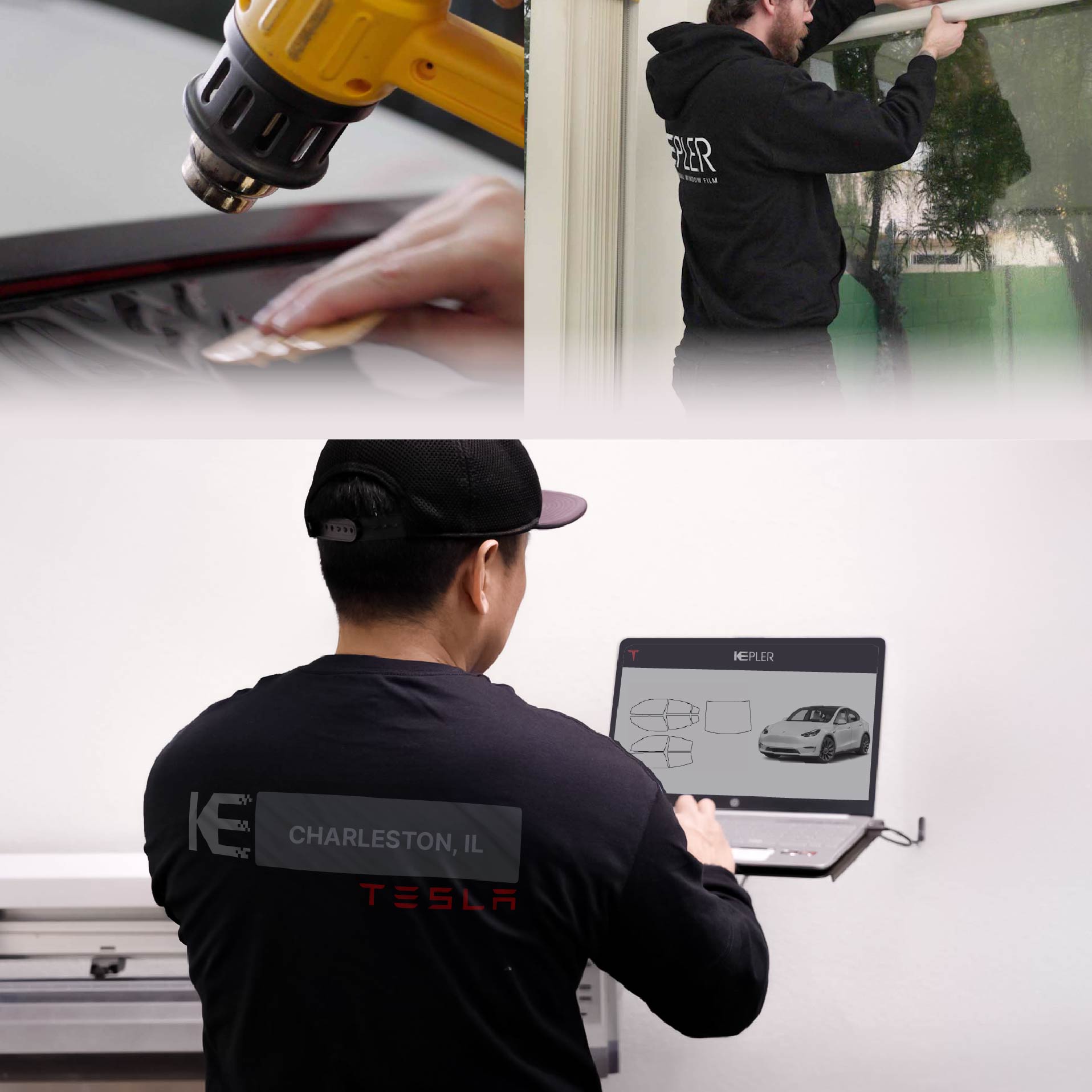 Expert Technician Applying Ceramic Window Tint to Tesla in Charleston