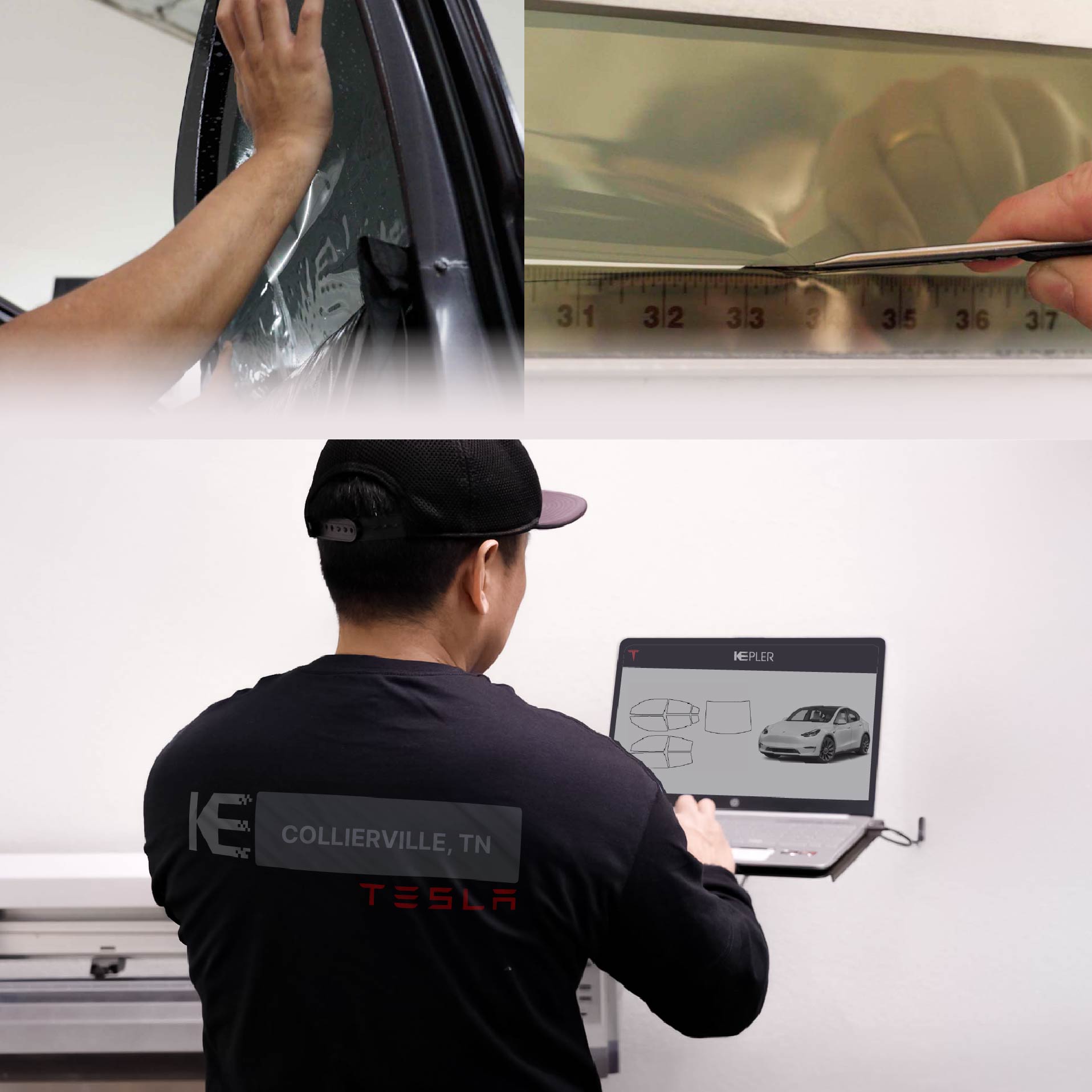 Kepler Technician Fitting Advanced Window Tint to Tesla in Collierville