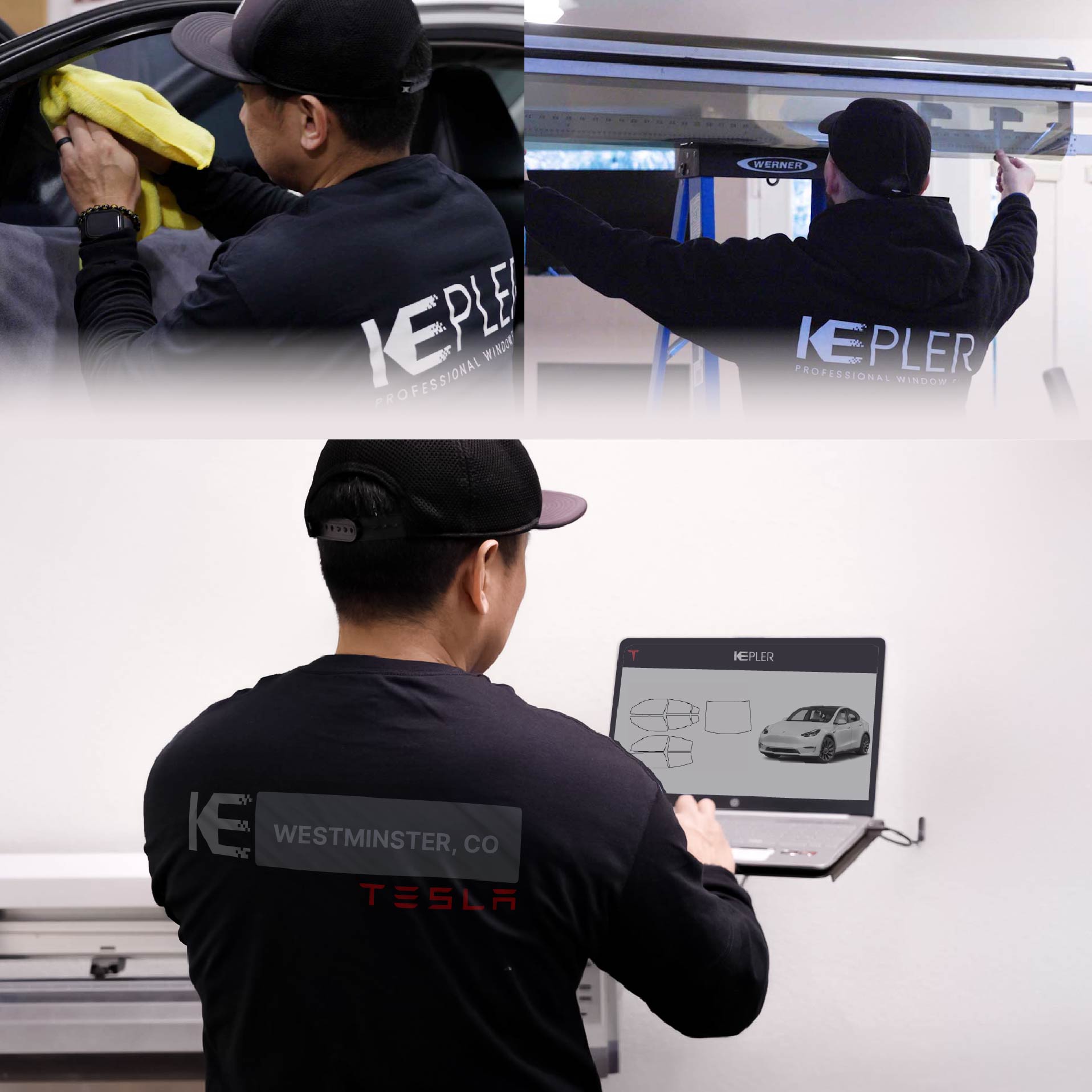 Expert Technician Installing Advanced Window Tint to Tesla in Westminster