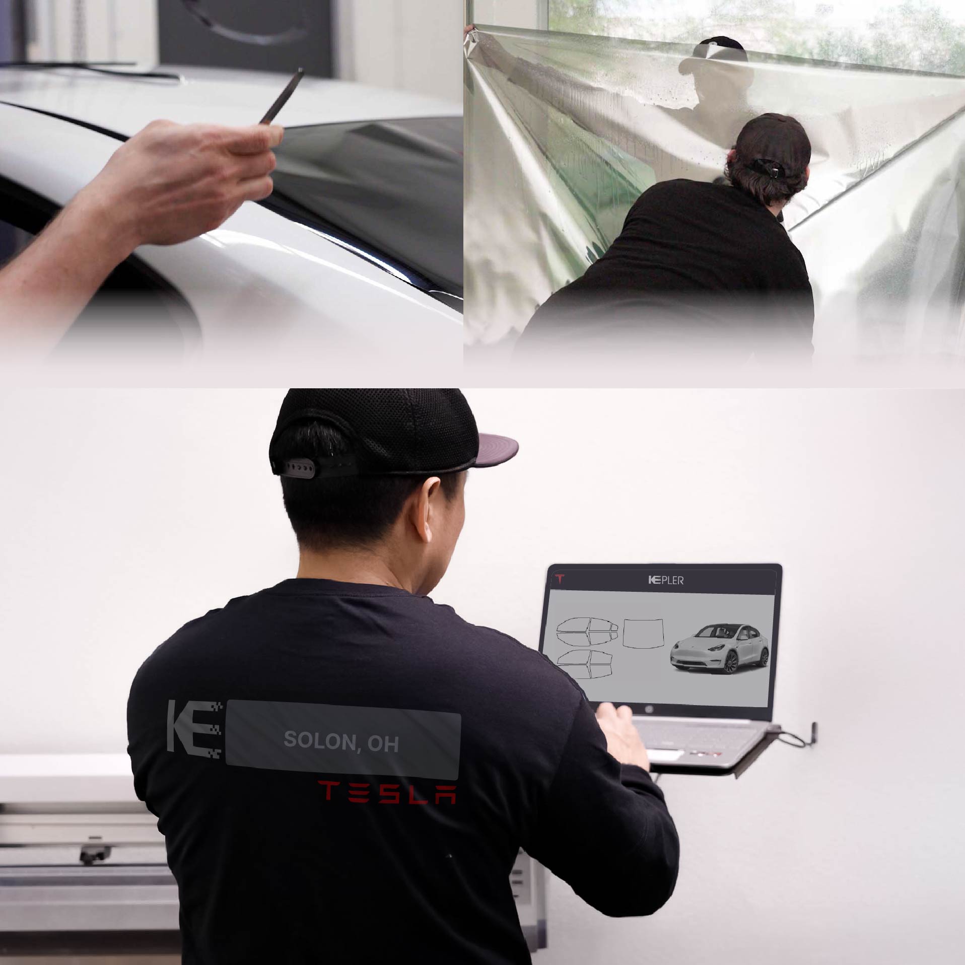 Expert Technician Applying Ceramic Window Tint to Tesla in Solon