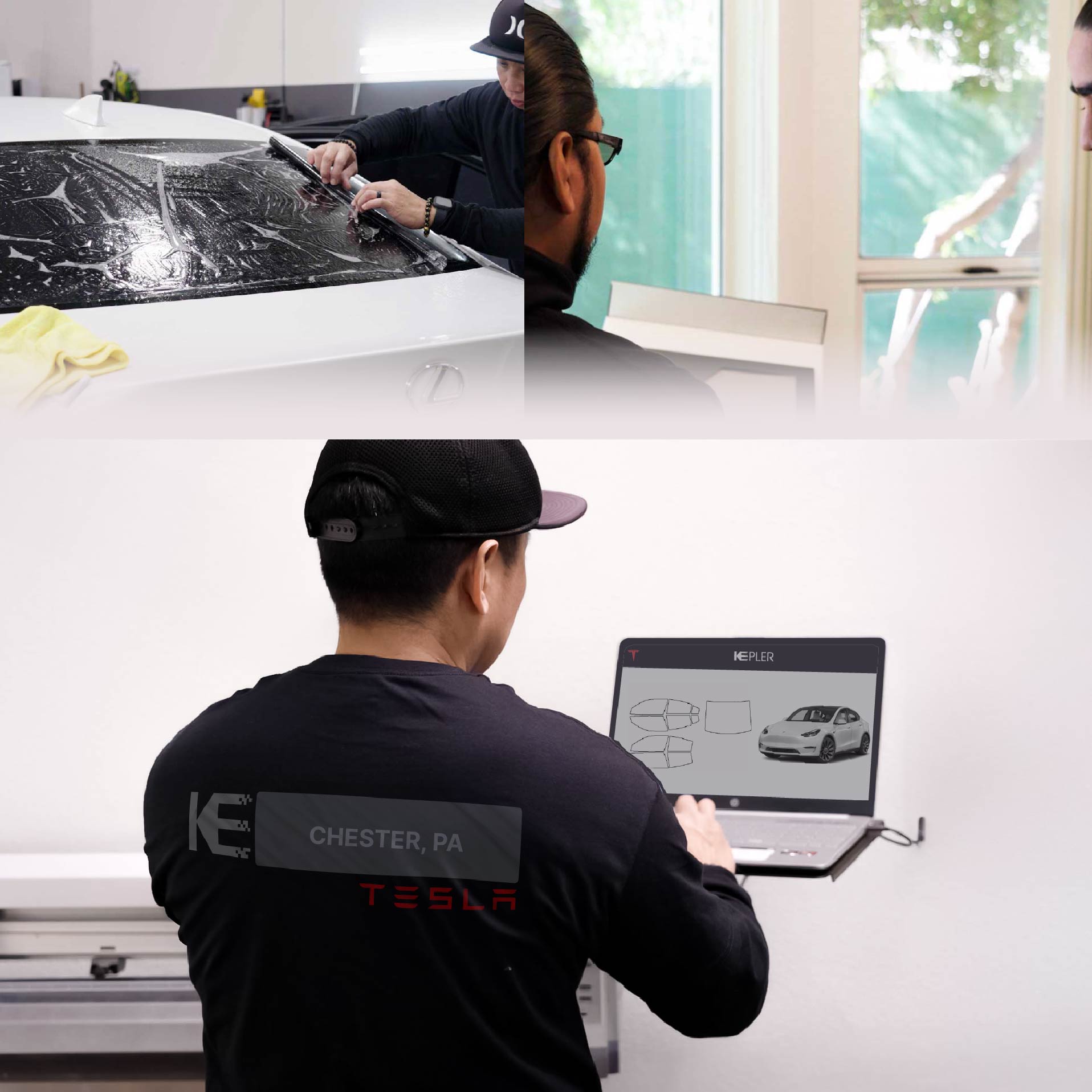 Expert Technician Applying High-tech Window Tint to Tesla in Chester
