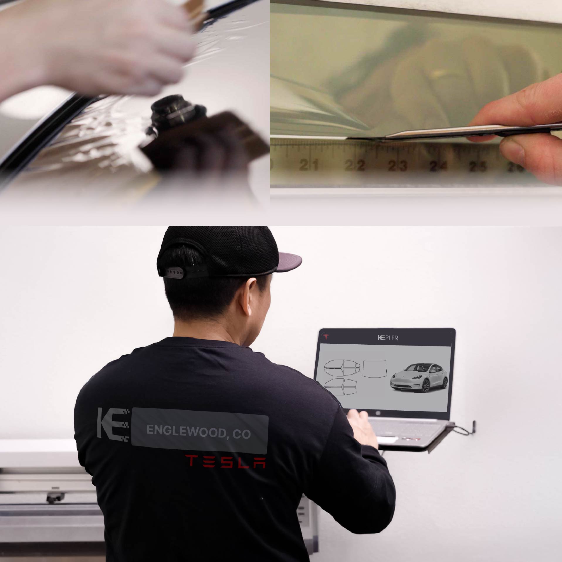 Kepler Technician Installing Advanced Window Tint to Tesla in Englewood