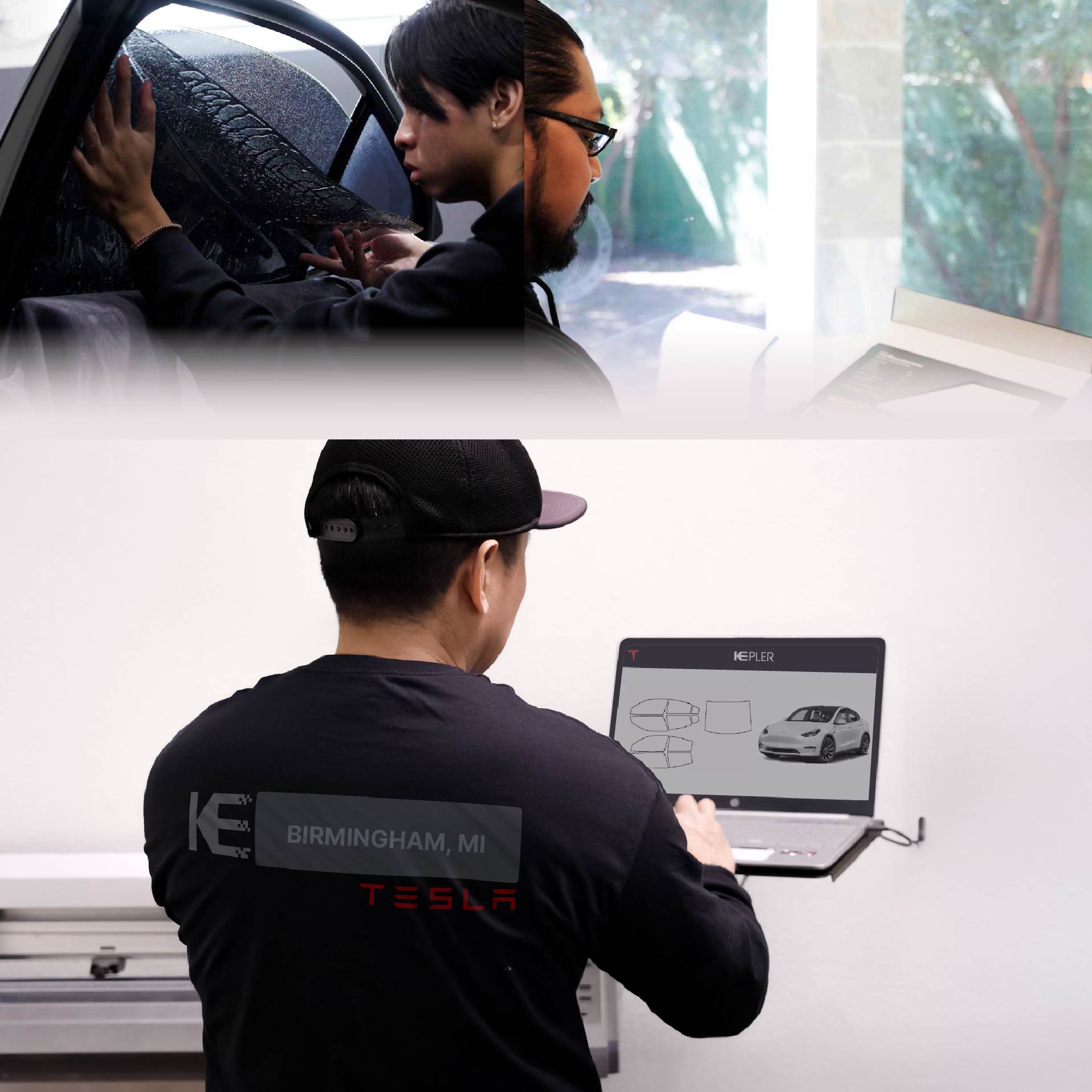 Expert Technician Applying High-tech Window Tint to Tesla in Birmingham