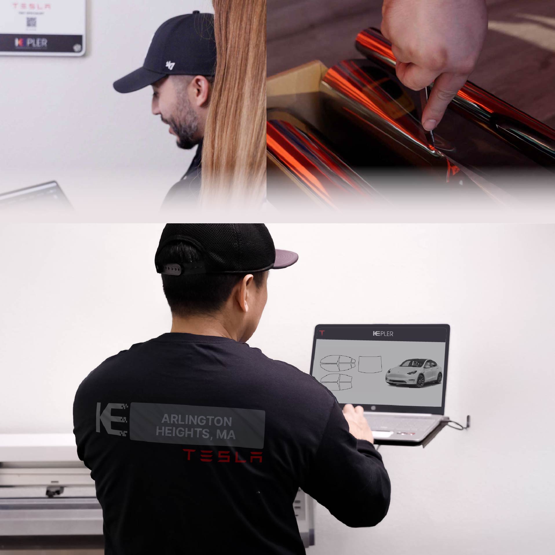 Expert Technician Fitting Ceramic Window Tint to Tesla in Arlington Heights