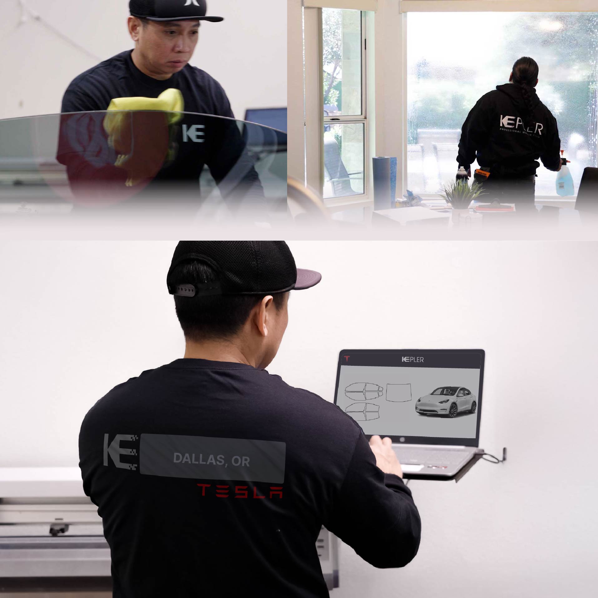 Expert Technician Installing Advanced Window Tint to Tesla in Dallas