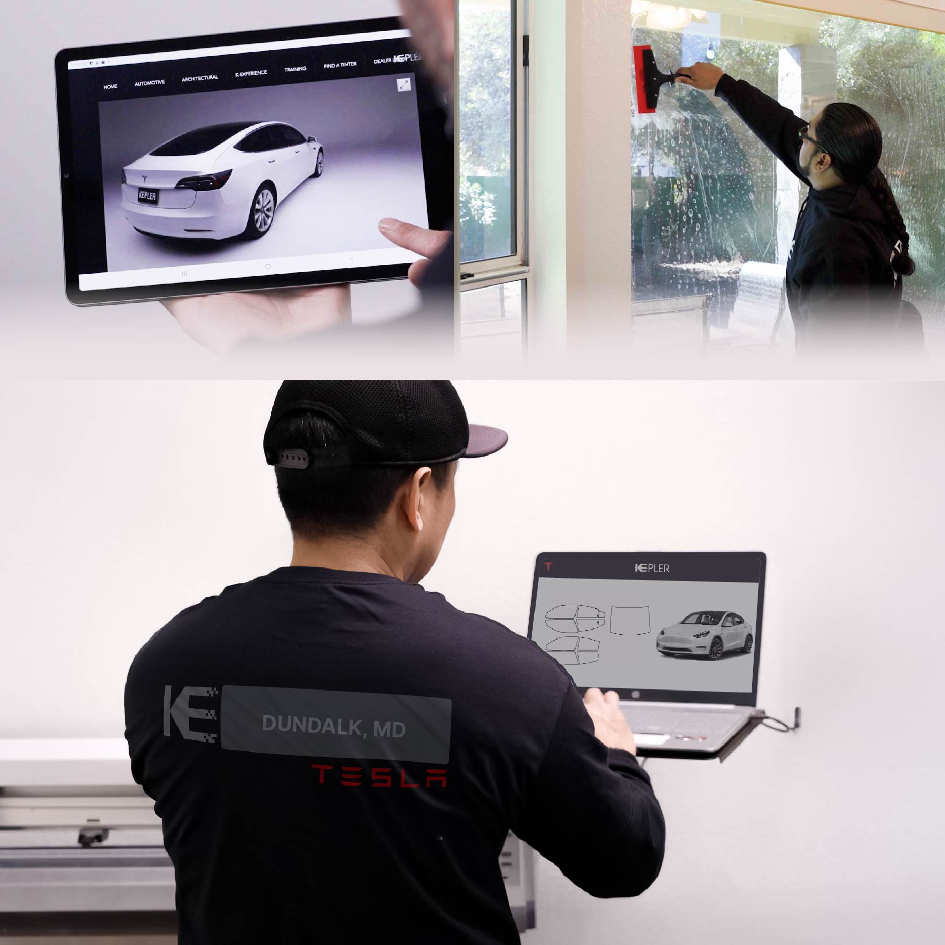 Expert Technician Installing Ceramic Window Tint to Tesla in Dundalk
