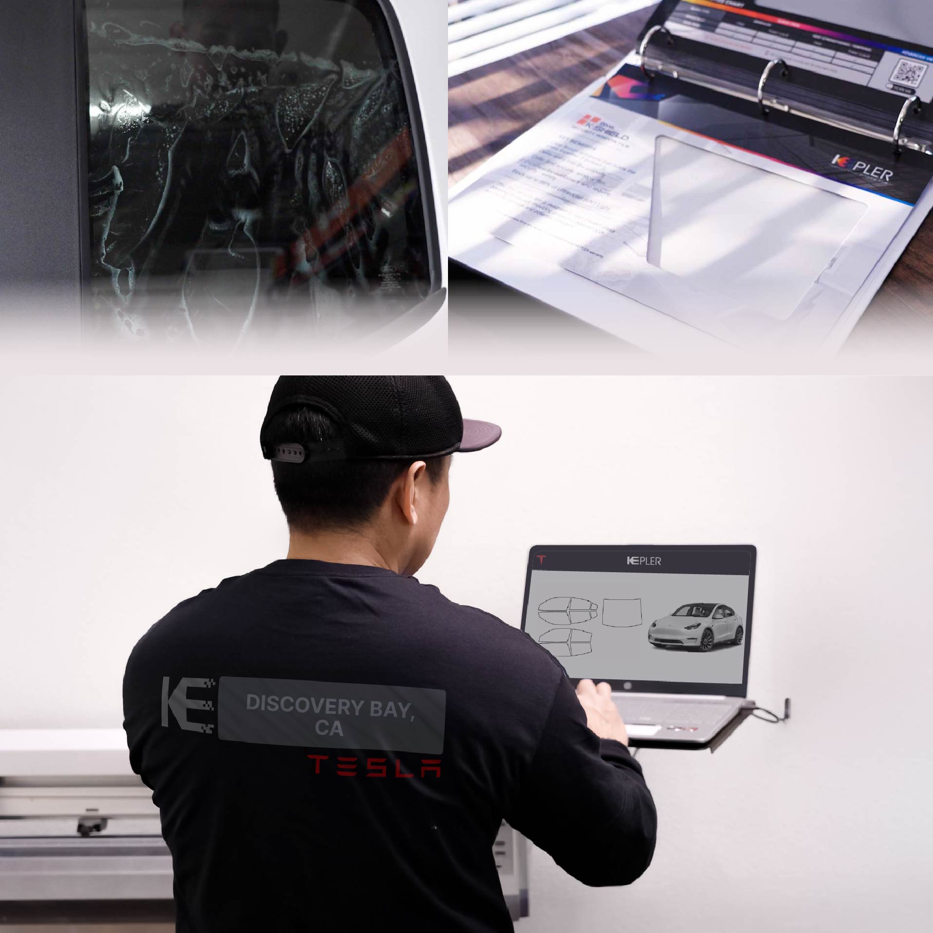 Kepler Technician Applying High-tech Window Tint to Tesla in Discovery Bay