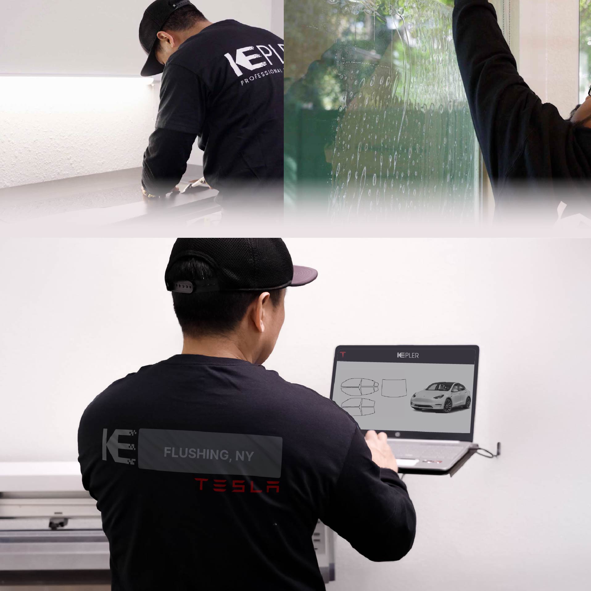 Expert Technician Applying Ceramic Window Tint to Tesla in Flushing
