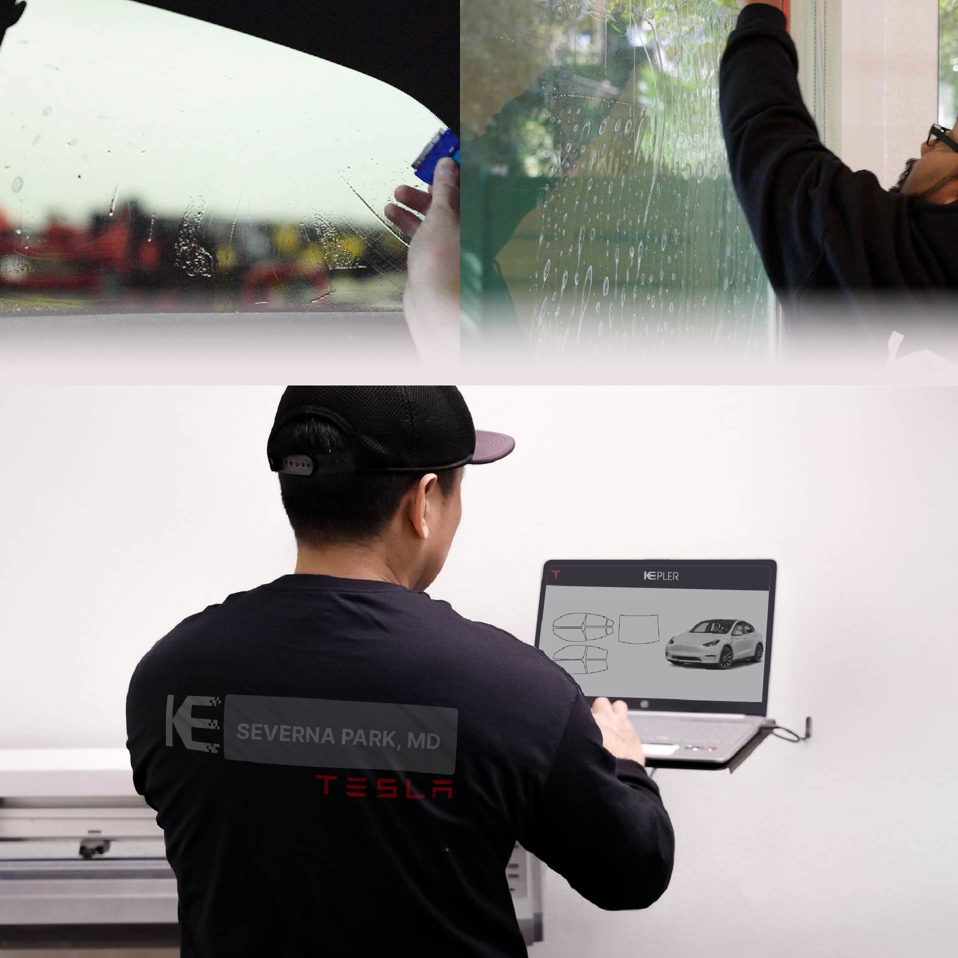 Kepler Technician Installing Advanced Window Tint to Tesla in Severna Park
