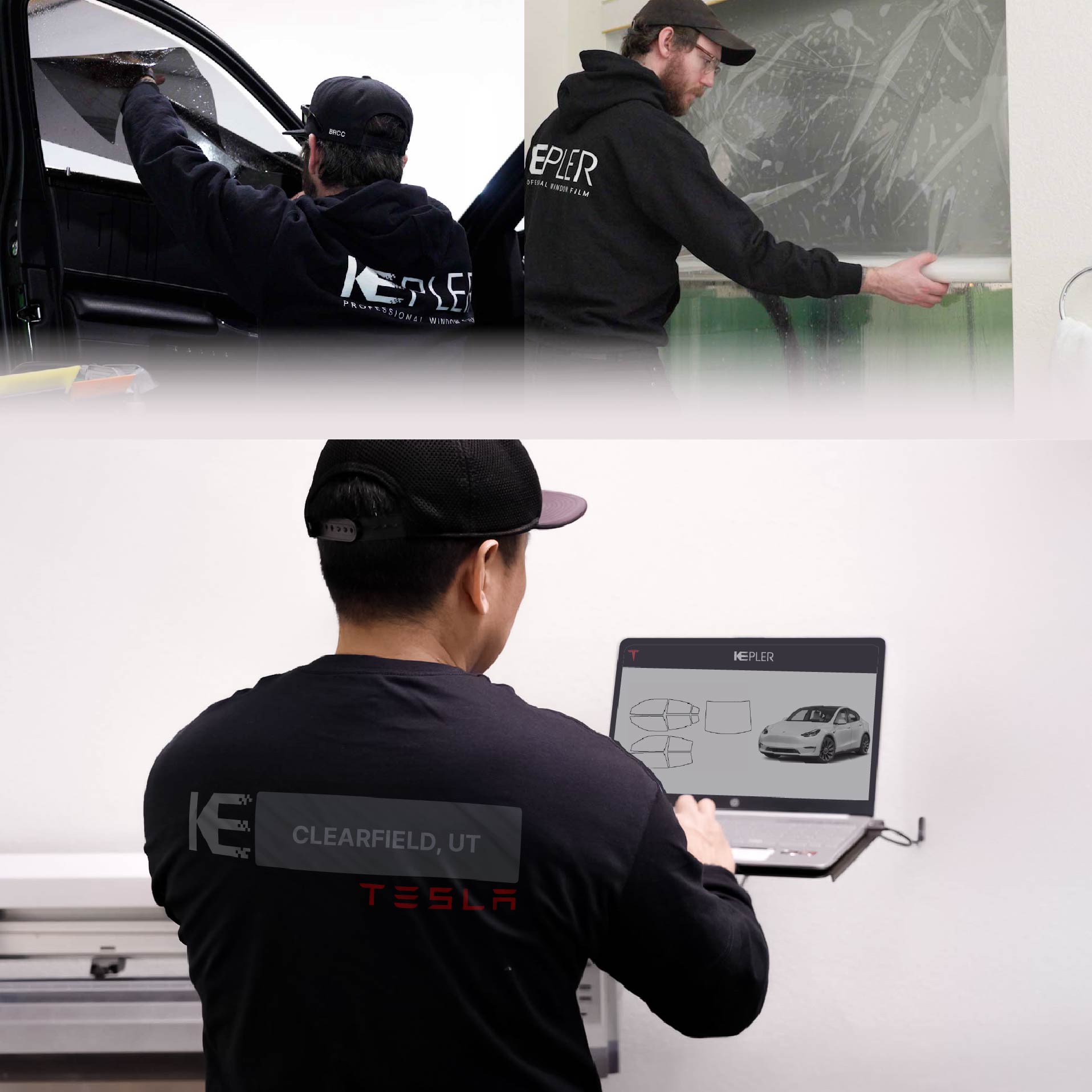 Kepler Technician Fitting Advanced Window Tint to Tesla in Clearfield