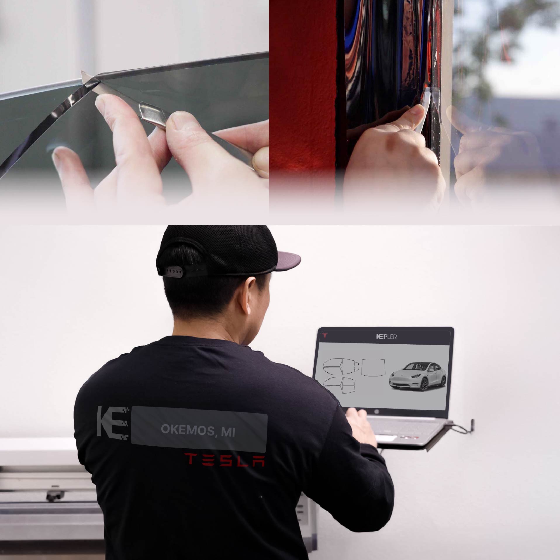 Expert Technician Installing Advanced Window Tint to Tesla in Okemos