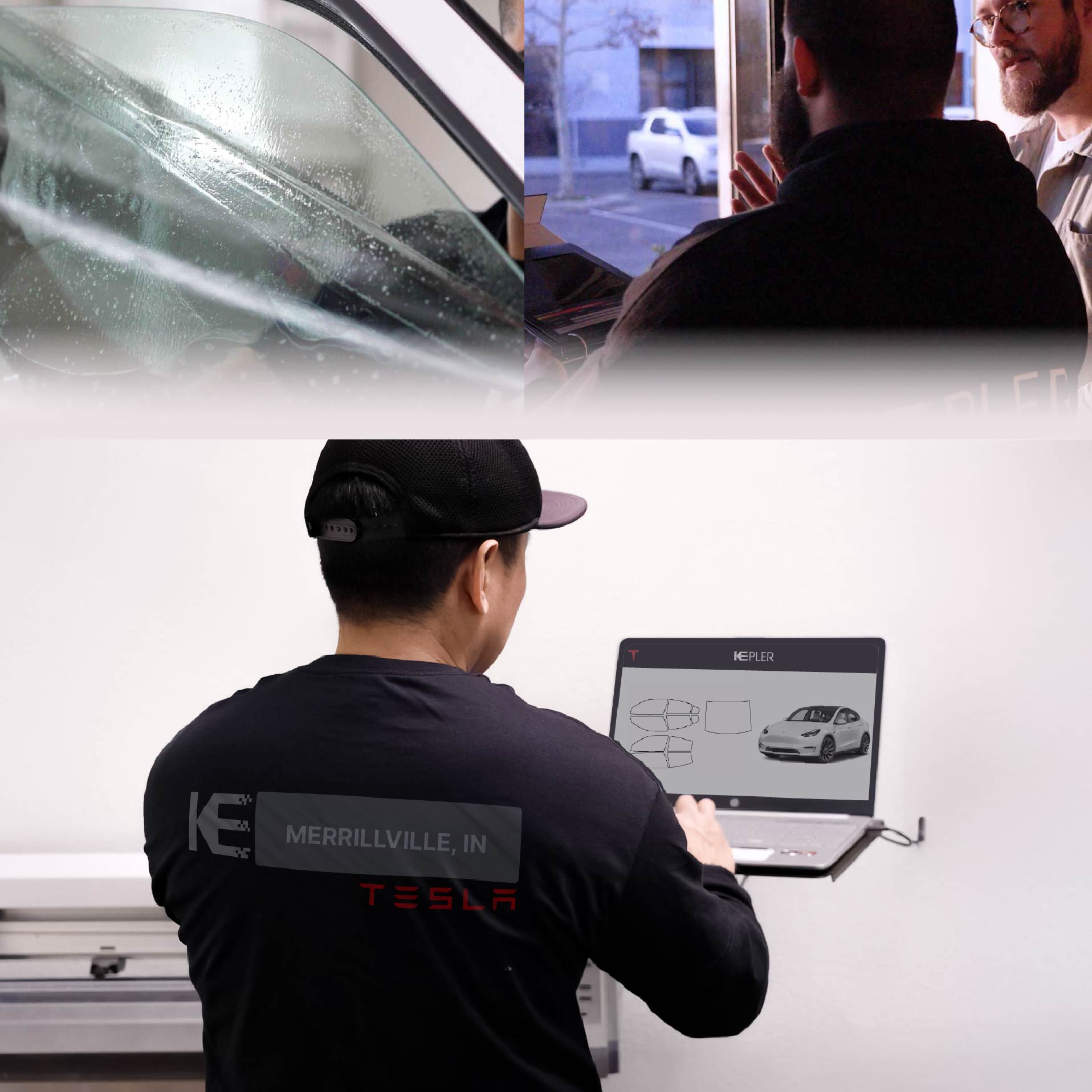 Kepler Technician Fitting Advanced Window Tint to Tesla in Merrillville