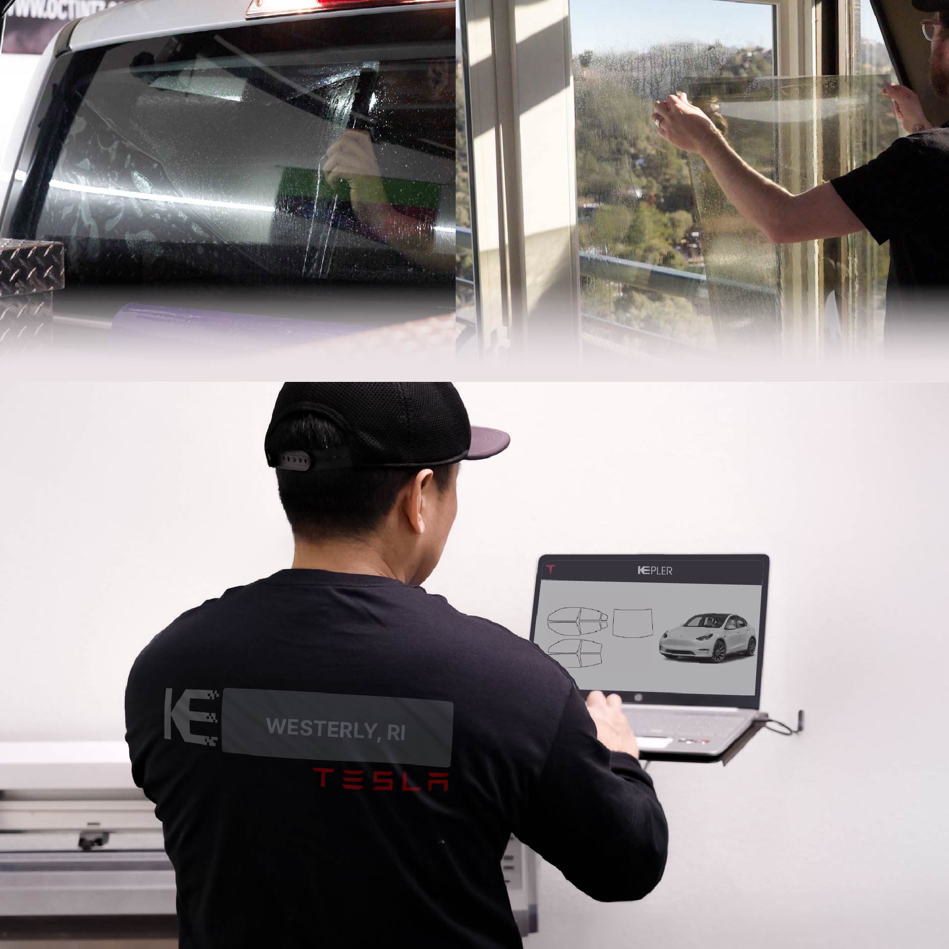 Kepler Technician Installing Advanced Window Tint to Tesla in Westerly
