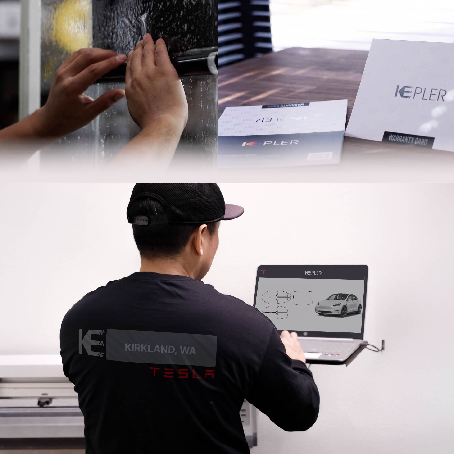 Expert Technician Applying Ceramic Window Tint to Tesla in Kirkland