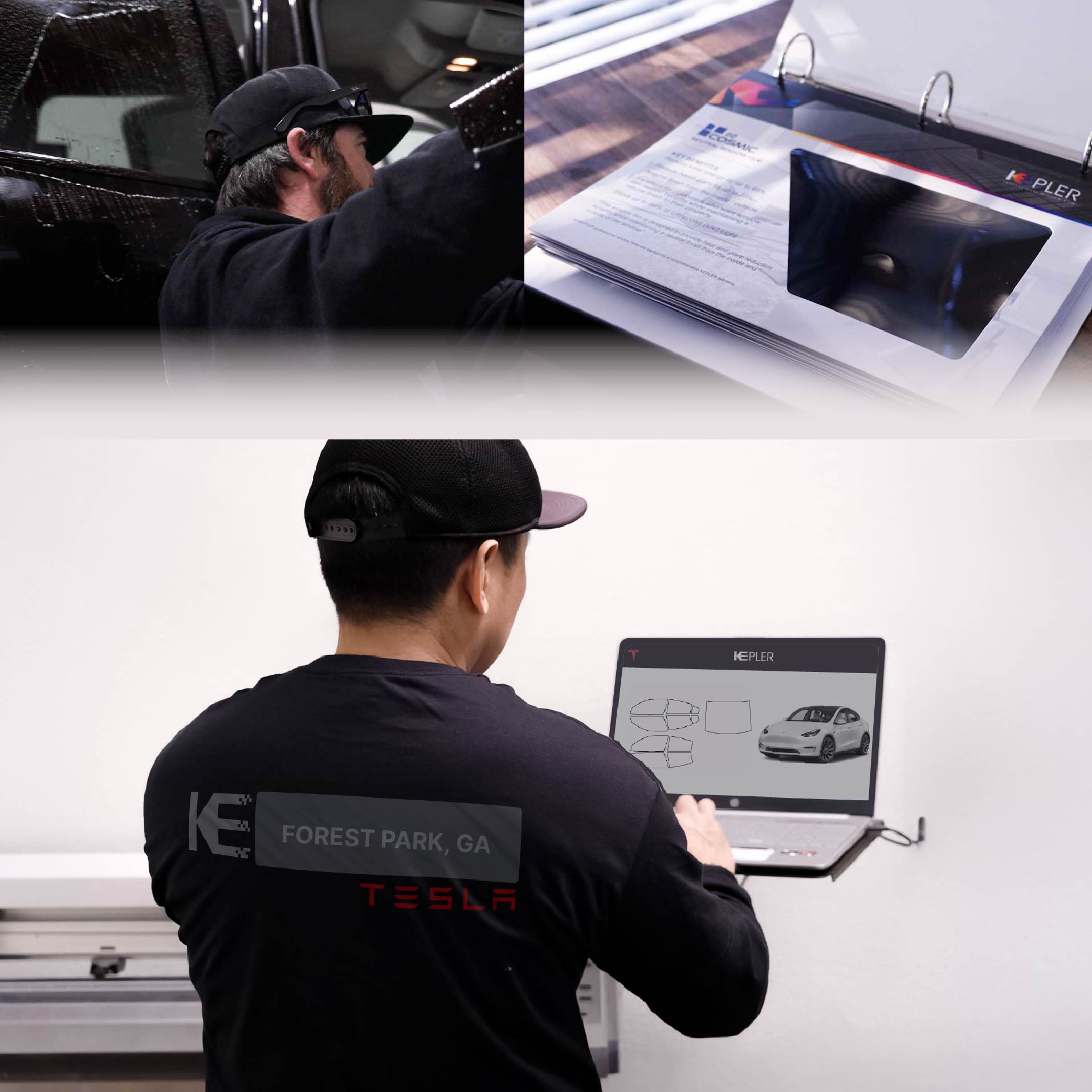 Expert Technician Fitting Advanced Window Tint to Tesla in Forest Park