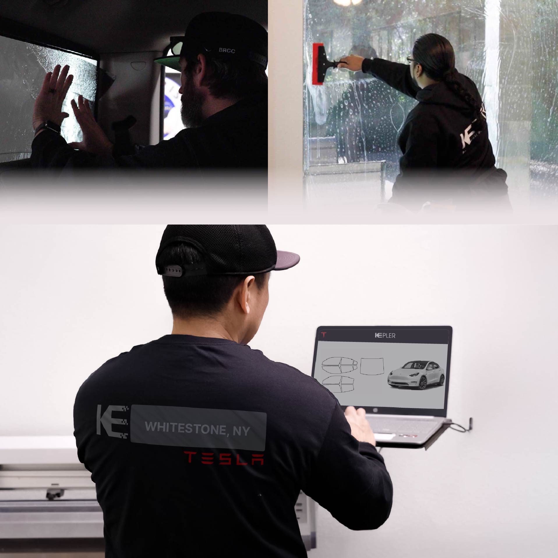 Expert Technician Installing High-tech Window Tint to Tesla in Whitestone