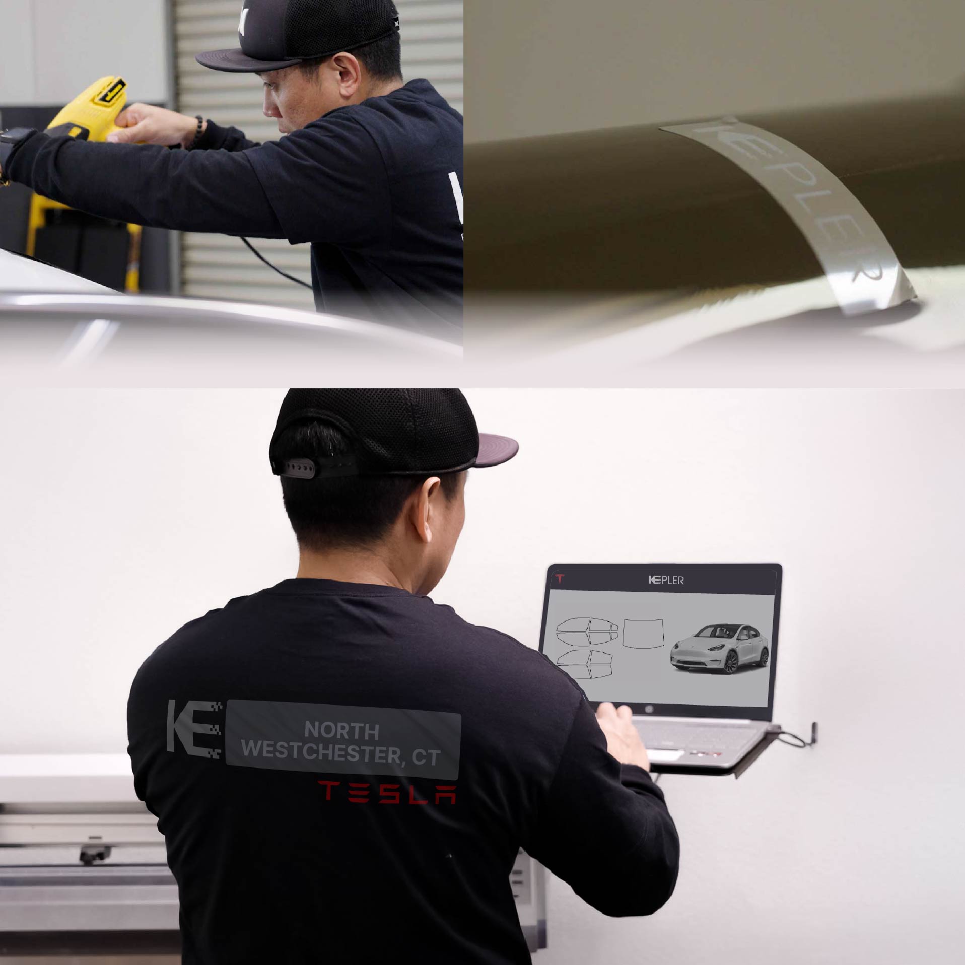 Kepler Technician Installing Ceramic Window Tint to Tesla in North Westchester