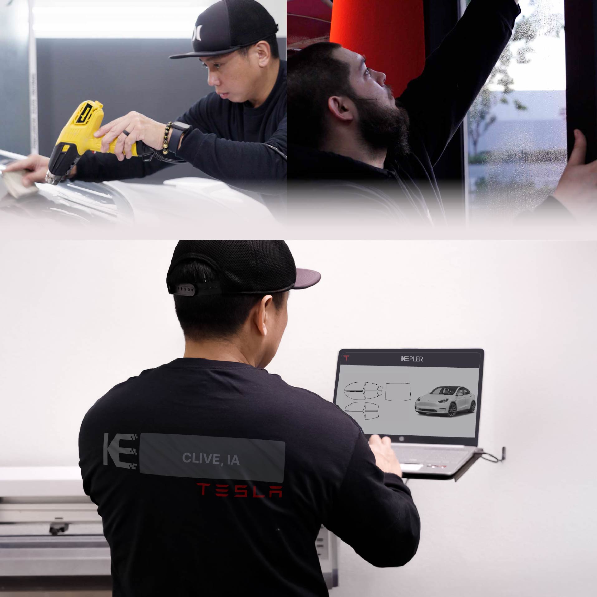 Kepler Technician Installing Ceramic Window Tint to Tesla in Clive