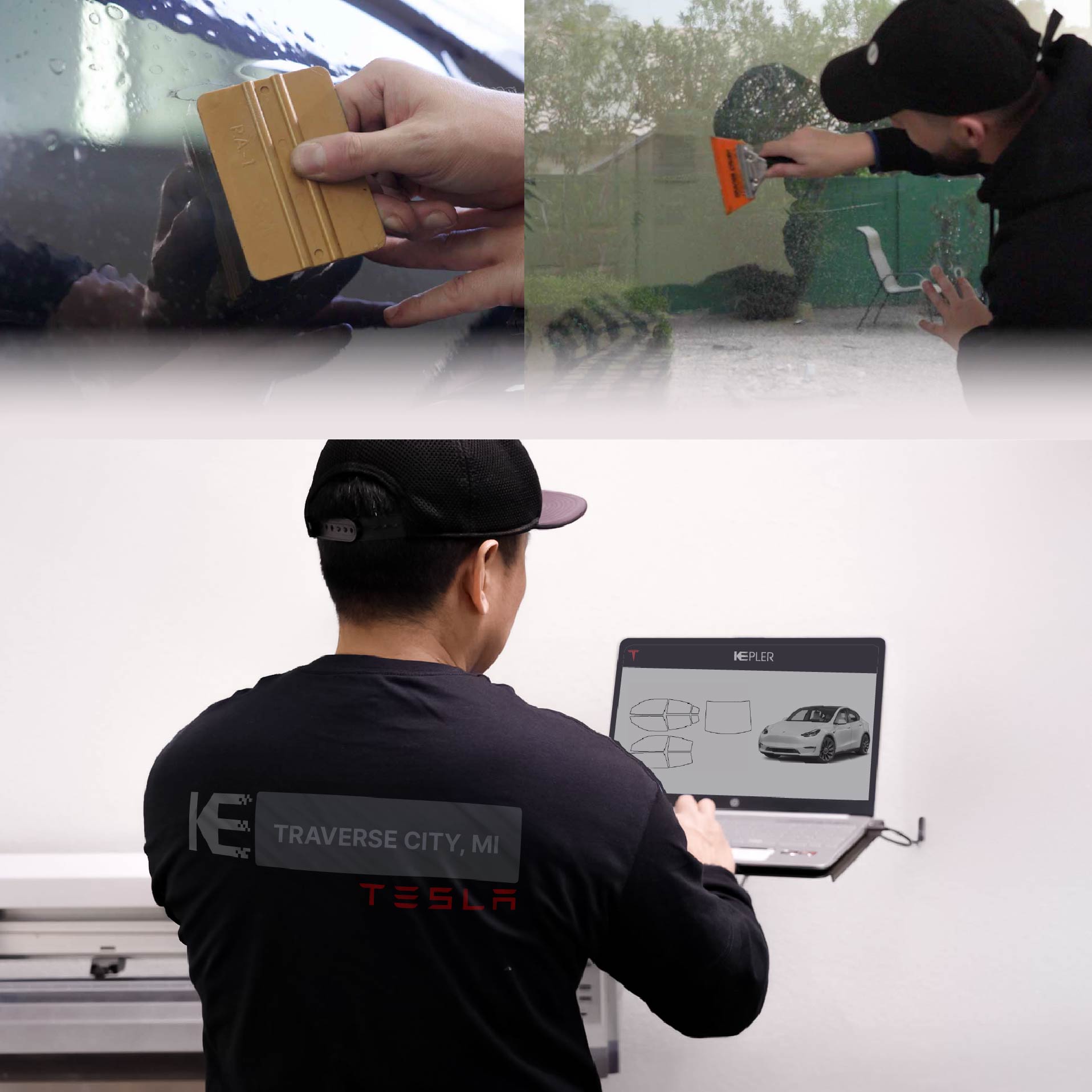 Expert Technician Fitting Ceramic Window Tint to Tesla in Traverse City