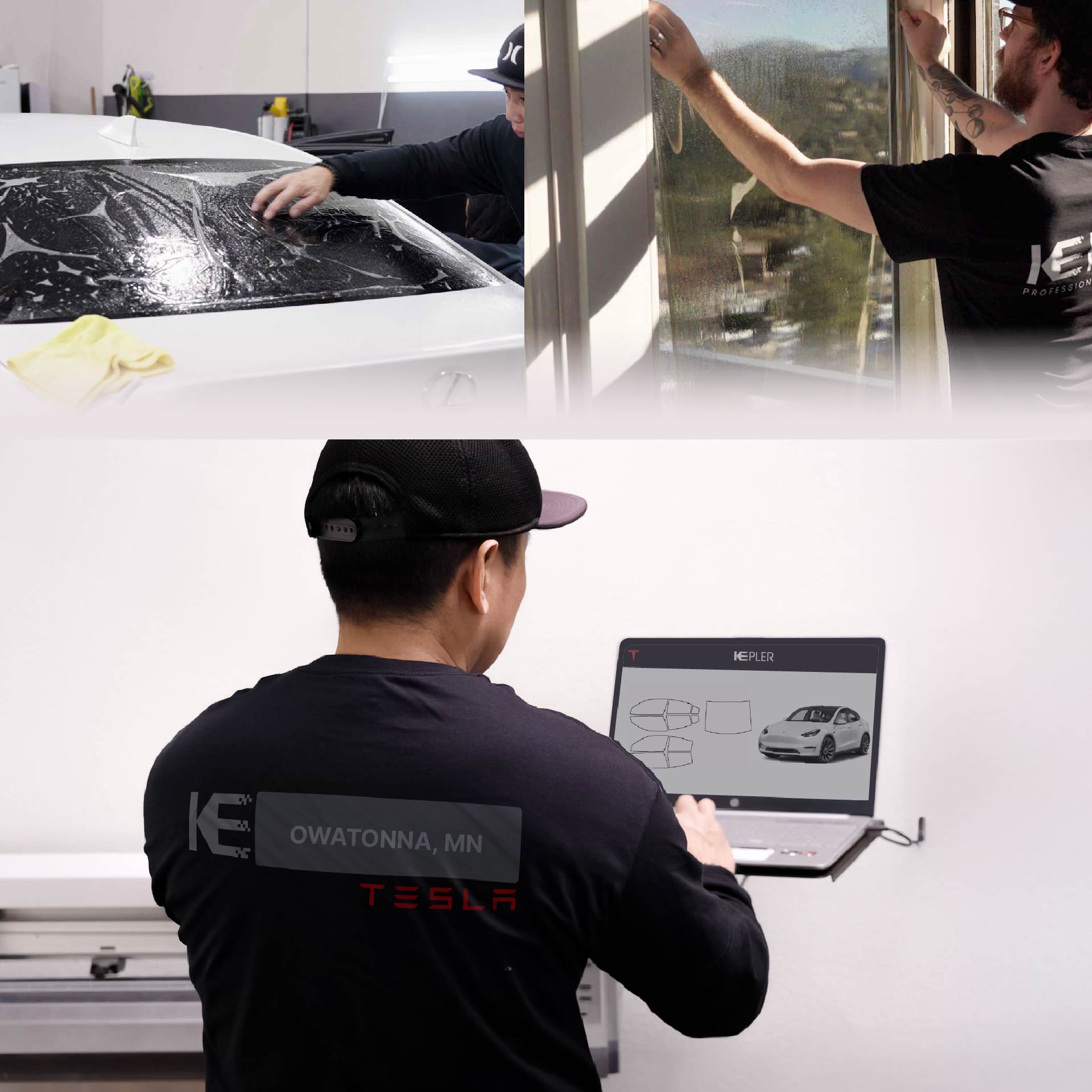 Kepler Technician Fitting High-tech Window Tint to Tesla in Owatonna