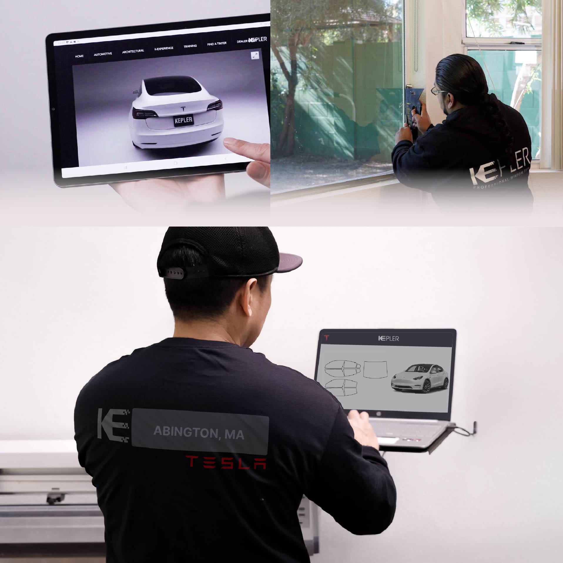 Expert Technician Installing Advanced Window Tint to Tesla in Abington