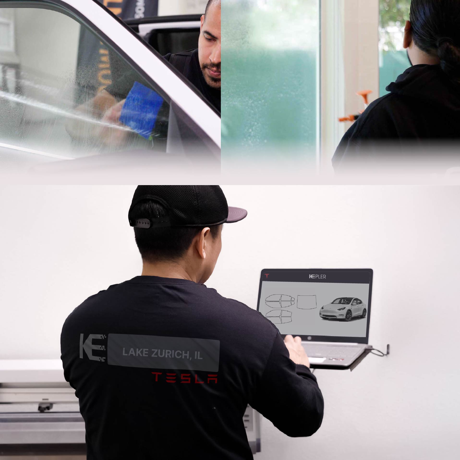 Expert Technician Installing High-tech Window Tint to Tesla in Lake Zurich