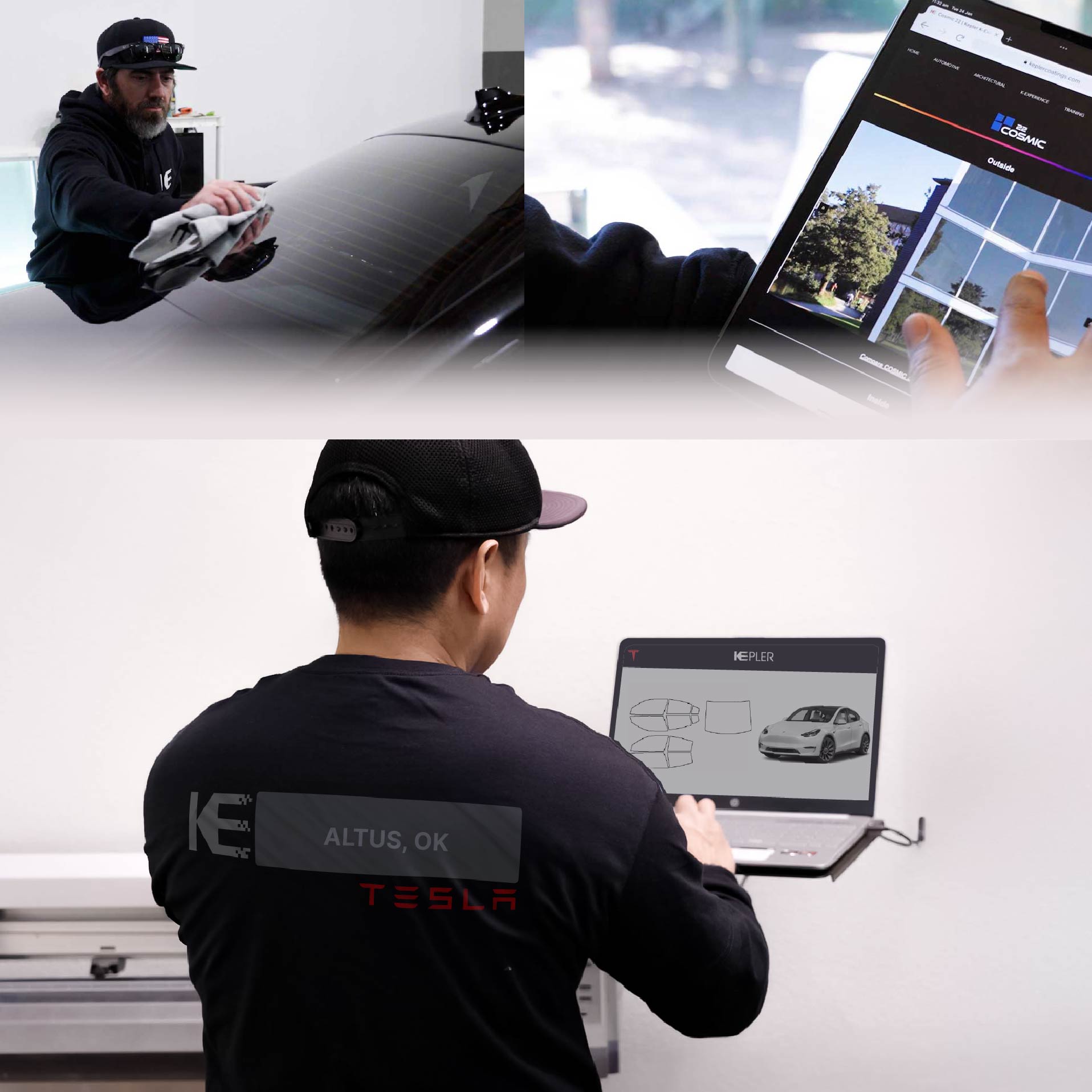 Expert Technician Applying Ceramic Window Tint to Tesla in Altus