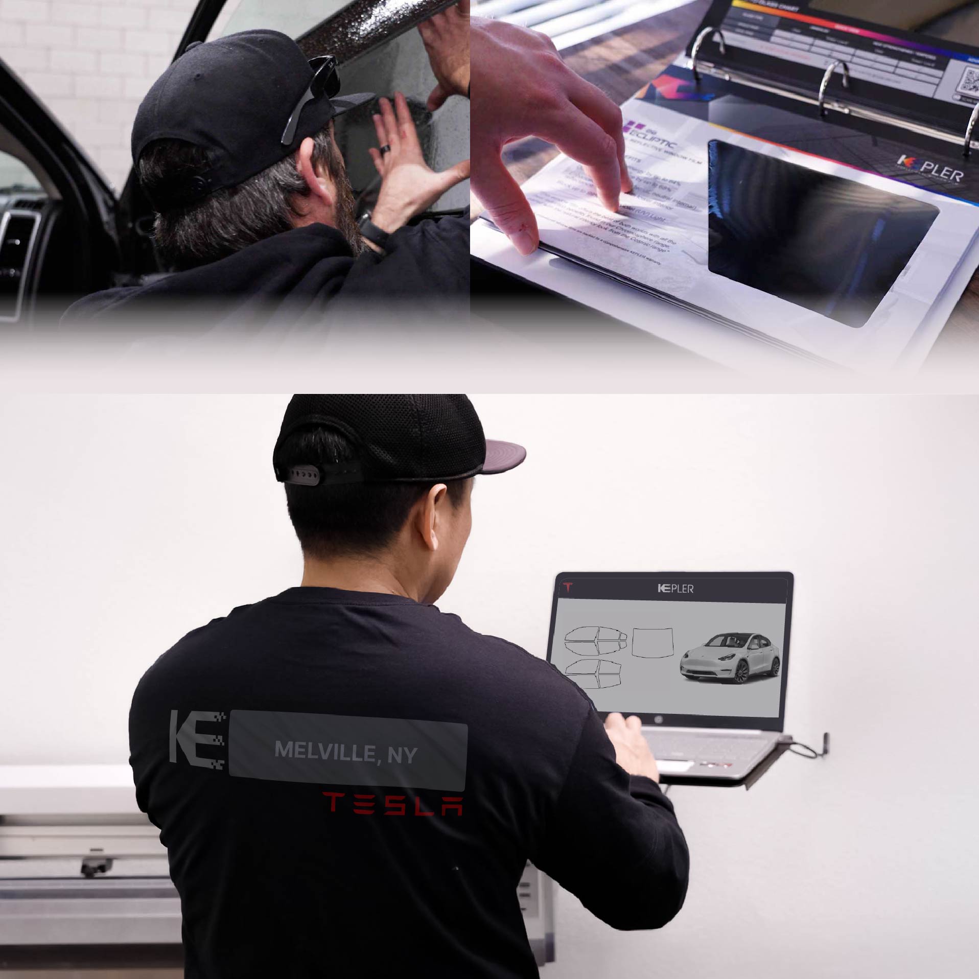 Expert Technician Applying Advanced Window Tint to Tesla in Melville