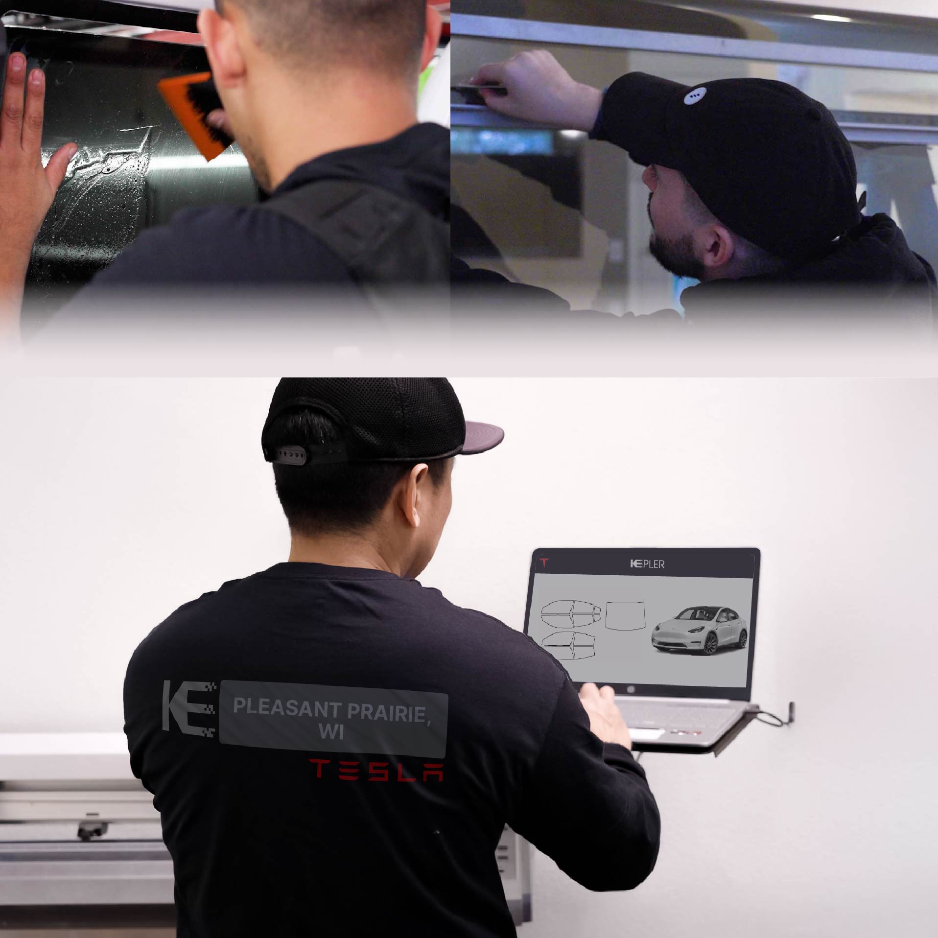 Expert Technician Installing Advanced Window Tint to Tesla in Pleasant Prairie