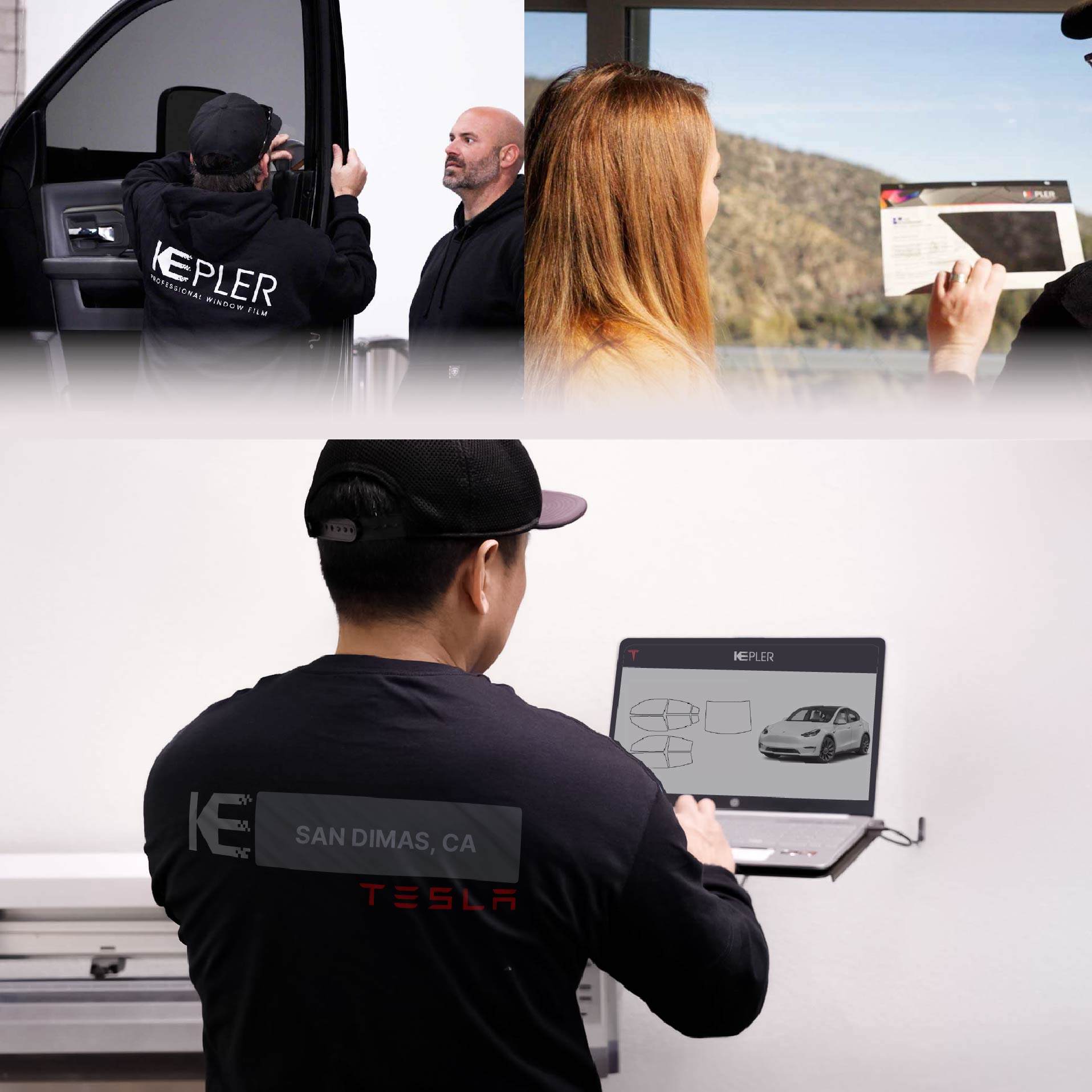 Kepler Technician Fitting Ceramic Window Tint to Tesla in San Dimas