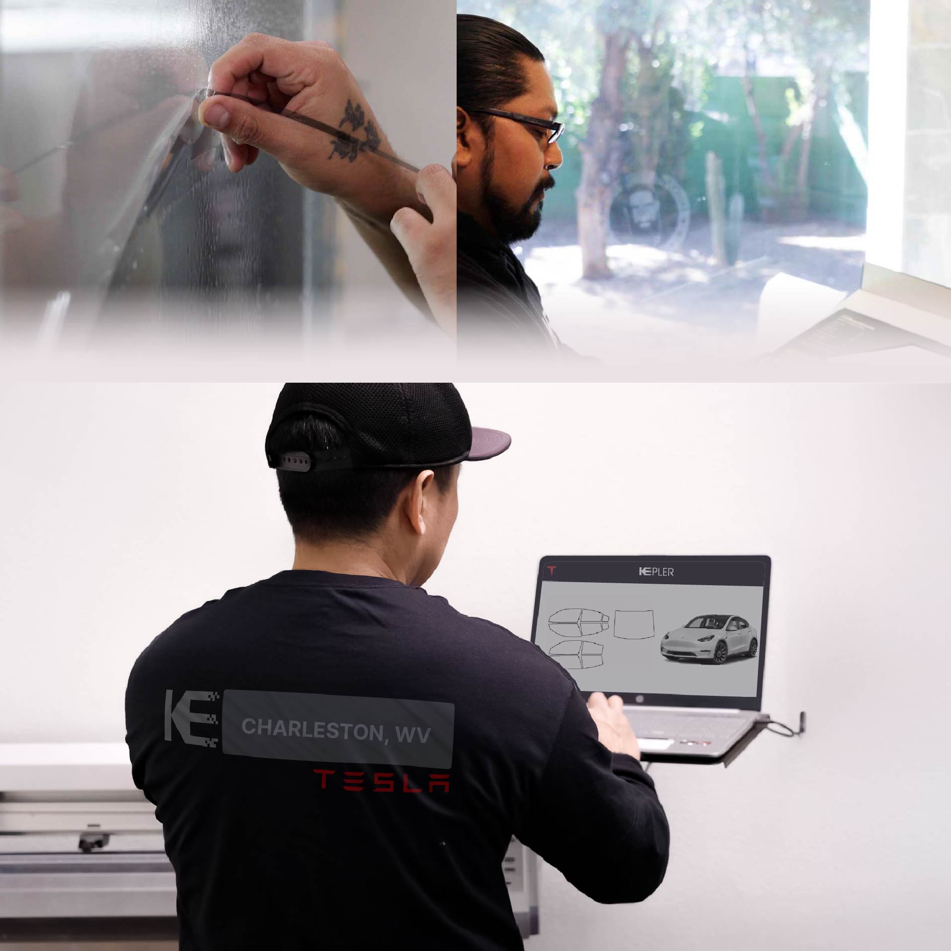 Expert Technician Fitting High-tech Window Tint to Tesla in Charleston