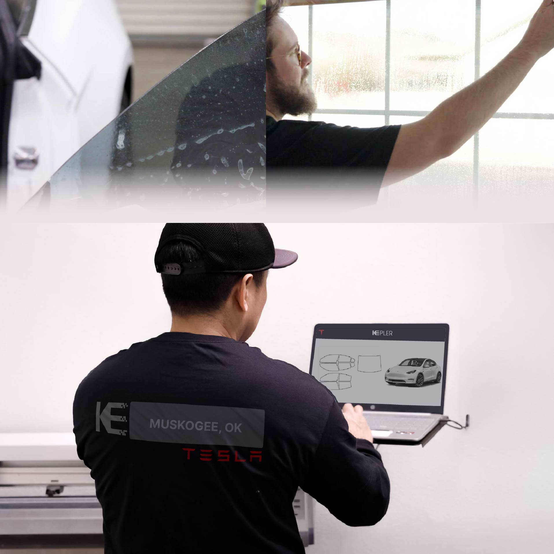 Expert Technician Installing Advanced Window Tint to Tesla in Muskogee