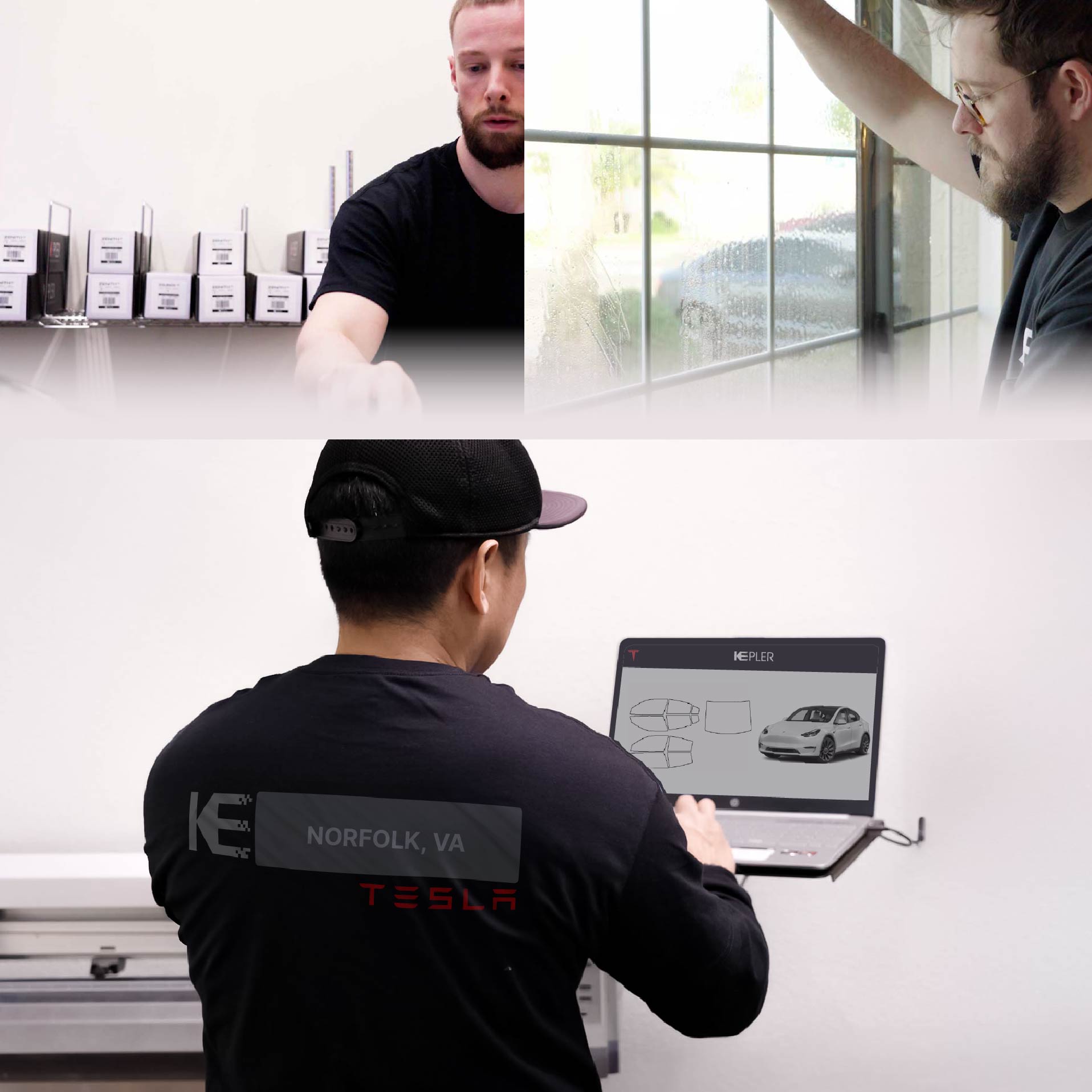 Expert Technician Installing Advanced Window Tint to Tesla in Norfolk