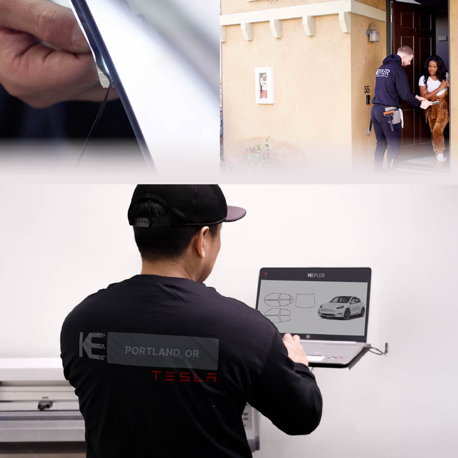 Expert Technician Installing Advanced Window Tint to Tesla in Portland